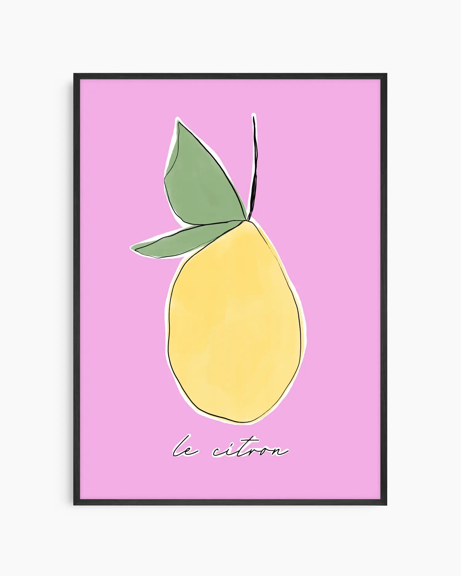 Barntavla med en stiliserad gul citron och gröna blad mot rosa bakgrund, kompletterad med handskriven text, inramad i svart träram. Ett lekfullt och fräscht motiv som ger rummet en pigg känsla.