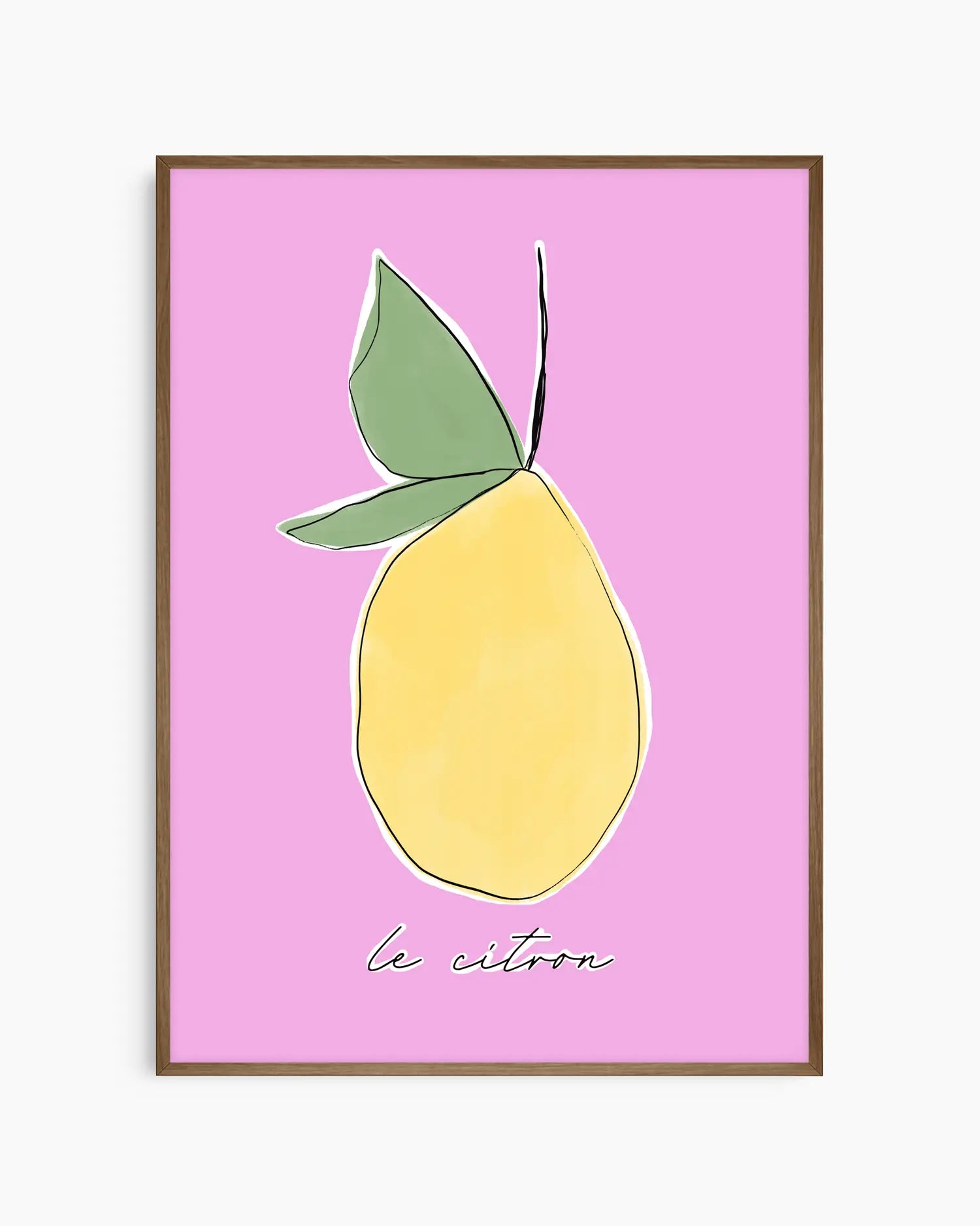 Citronmotiv i mjuk illustration på rosa botten, inramad i mörk ekram. En harmonisk kombination av färg och form som skapar en varm och trivsam atmosfär.