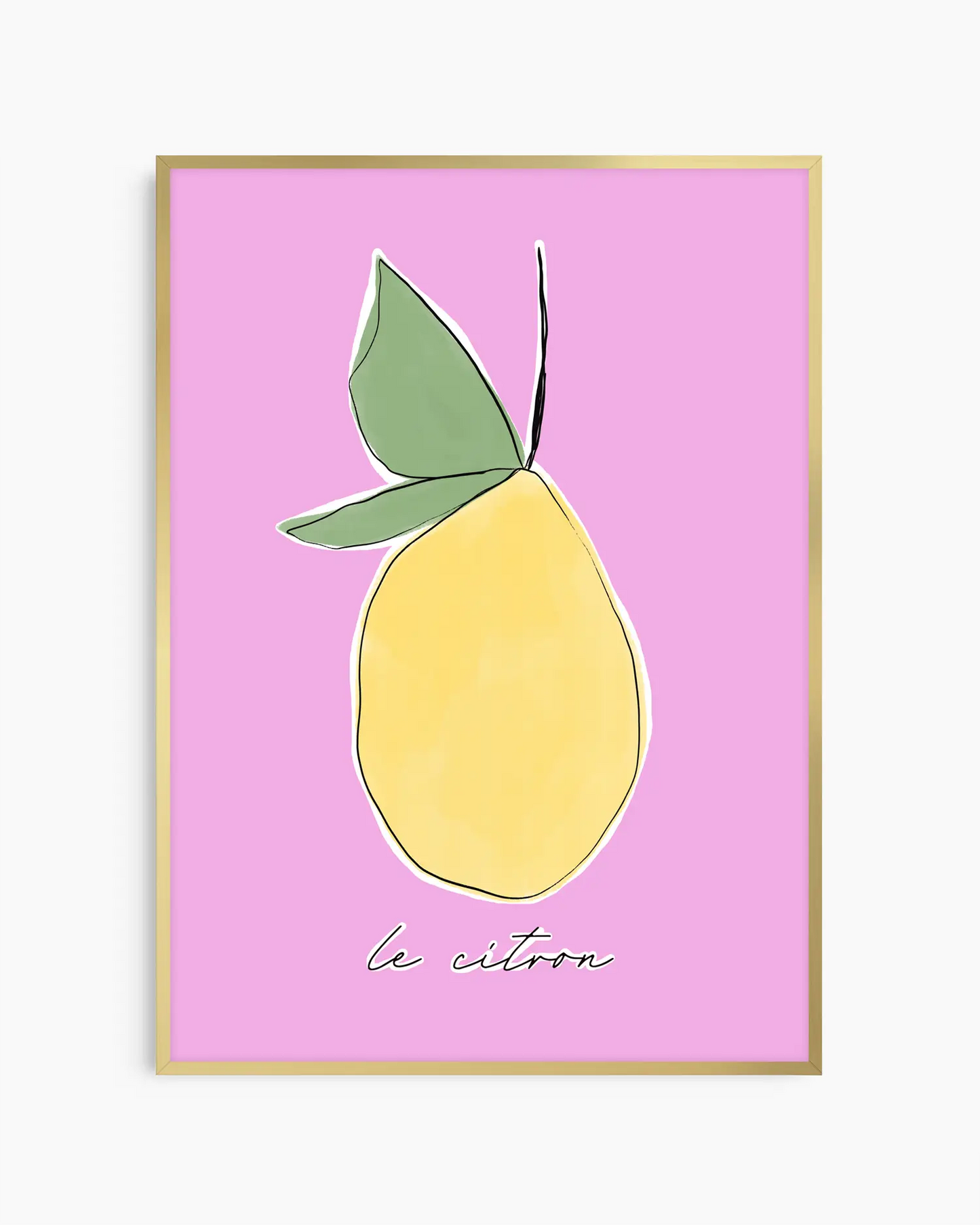 Barntavla med gul citron och gröna blad på pastellrosa bakgrund, inramad i guld aluminiumram. Ger ett elegant och glatt uttryck som lyfter barnrummets stil.