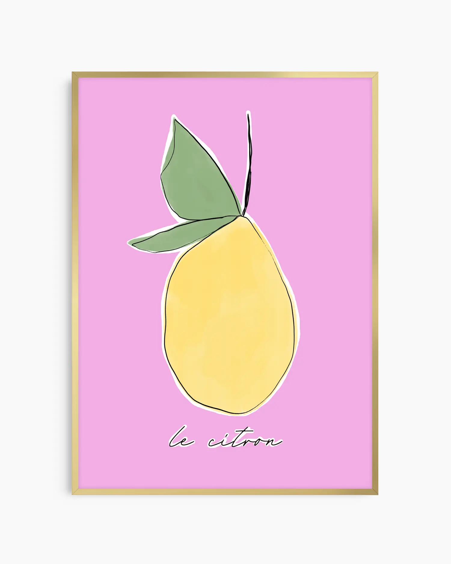 Barntavla med gul citron och gröna blad på pastellrosa bakgrund, inramad i guld aluminiumram. Ger ett elegant och glatt uttryck som lyfter barnrummets stil.