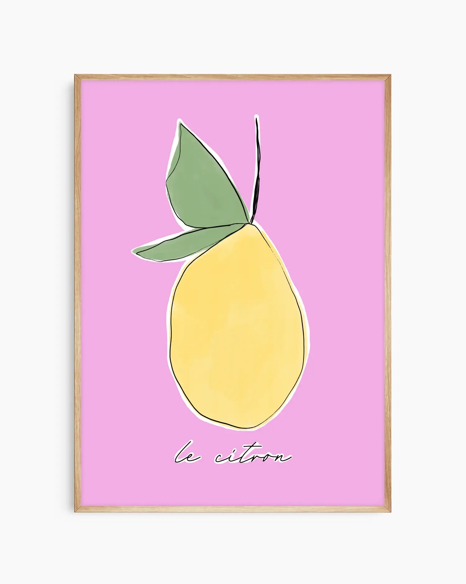 Illustrerad barntavla med citron i mjuka former och handritad kontur, inramad i klassisk ekram. En ljus och lekfull detalj för ett personligt rum.