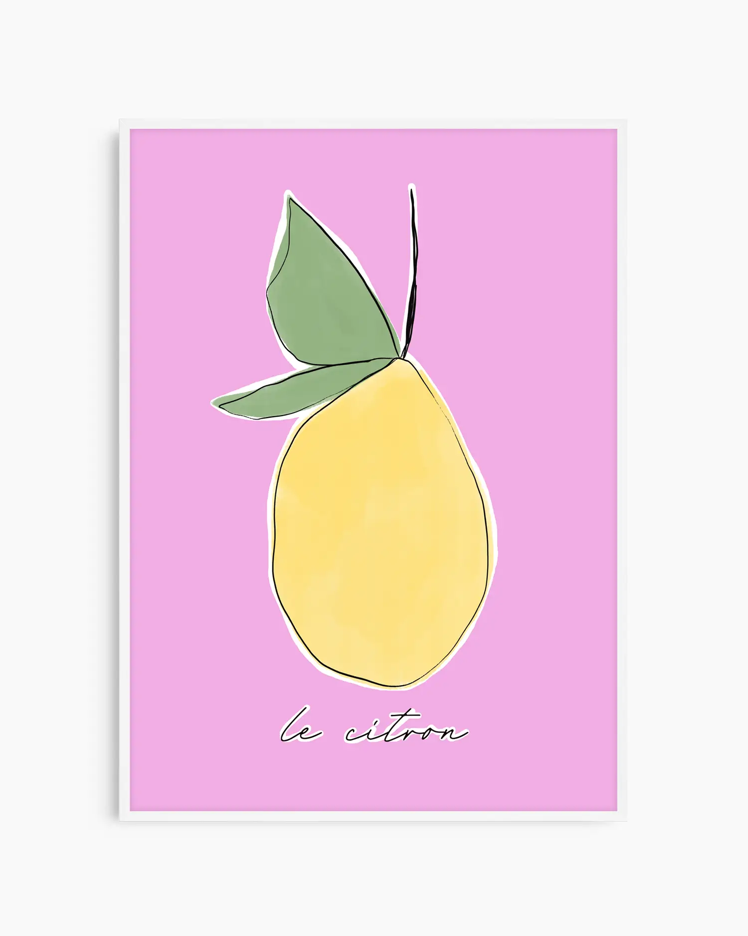 Barntavla med citronmotiv och rosa bakgrund, inramad i vit träram. Skapar ett luftigt och glatt intryck som passar perfekt i barnrummet.