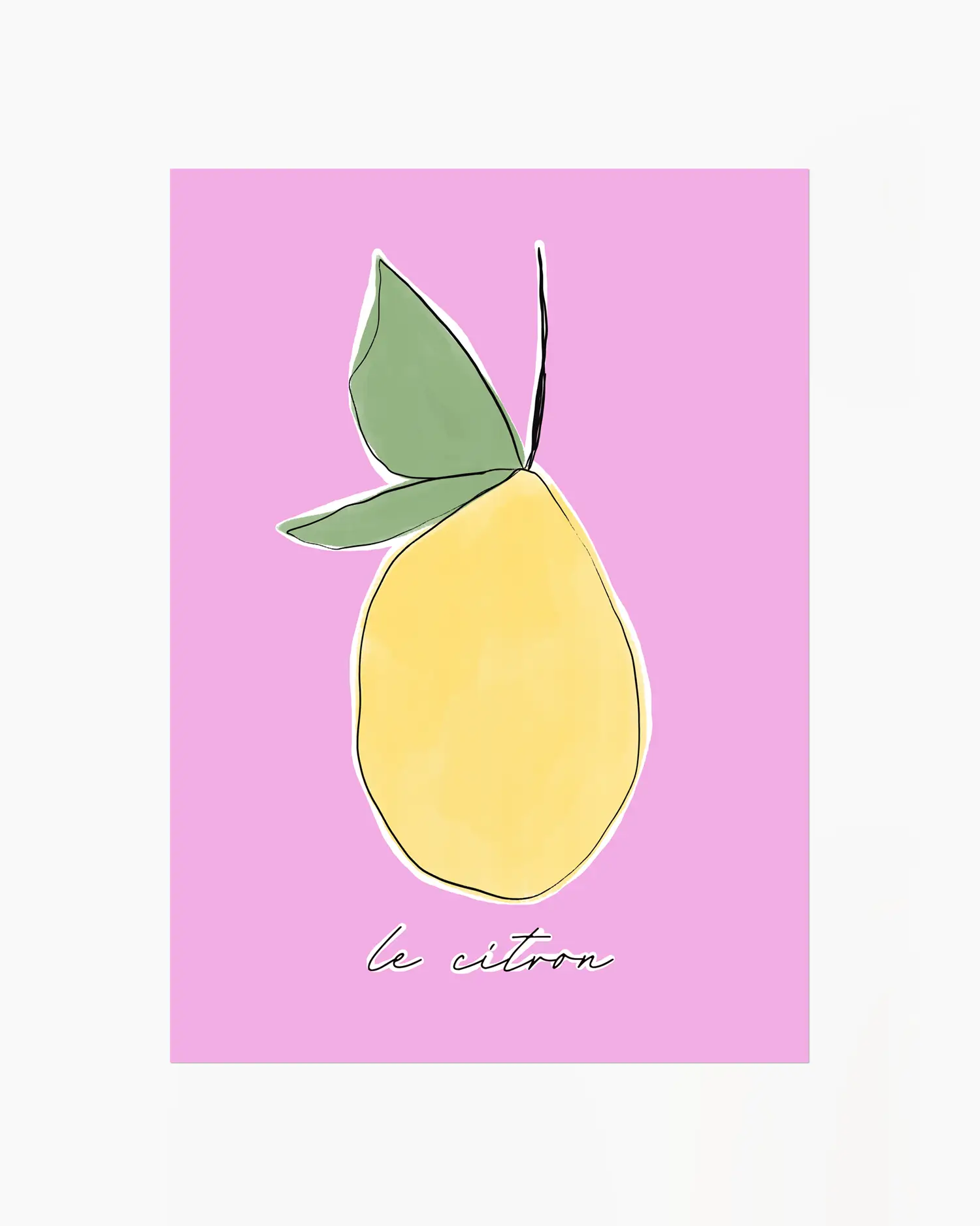 Barntavla med gul citron, gröna blad och handskriven text mot rosa bakgrund, utan ram.