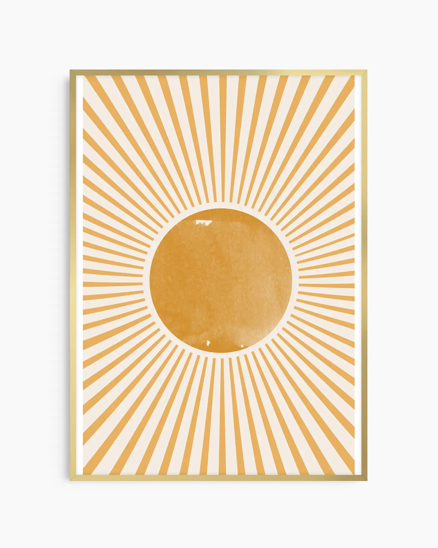 Barntavla med sol och strålande linjer i gul ton, inramad i guld aluminiumram för ett elegant och harmoniskt utseende.