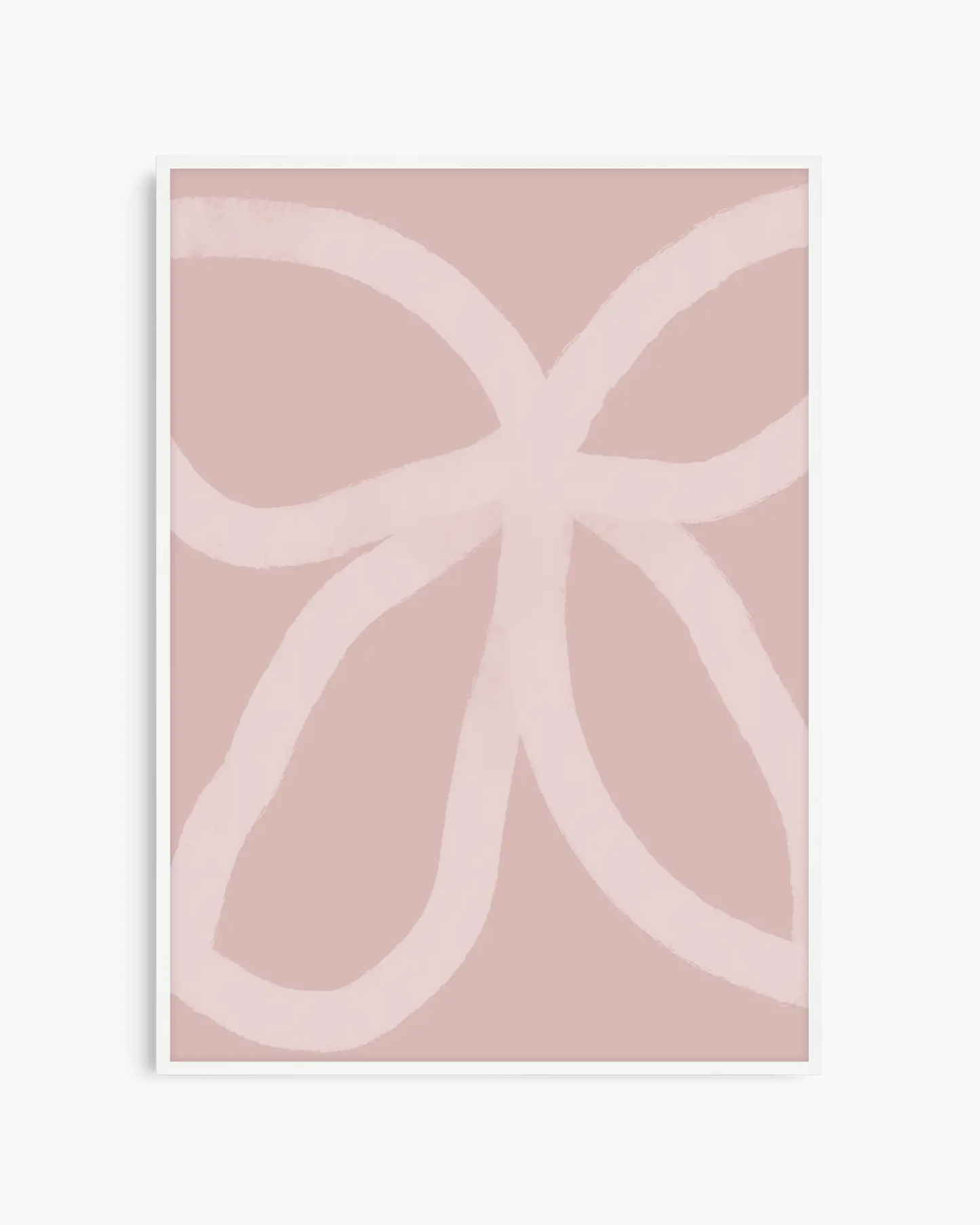 Barntavla med ljusa rosa abstrakta linjer på dov rosa bakgrund, inramad i vit träram som ger ett ljust och lekfullt intryck.