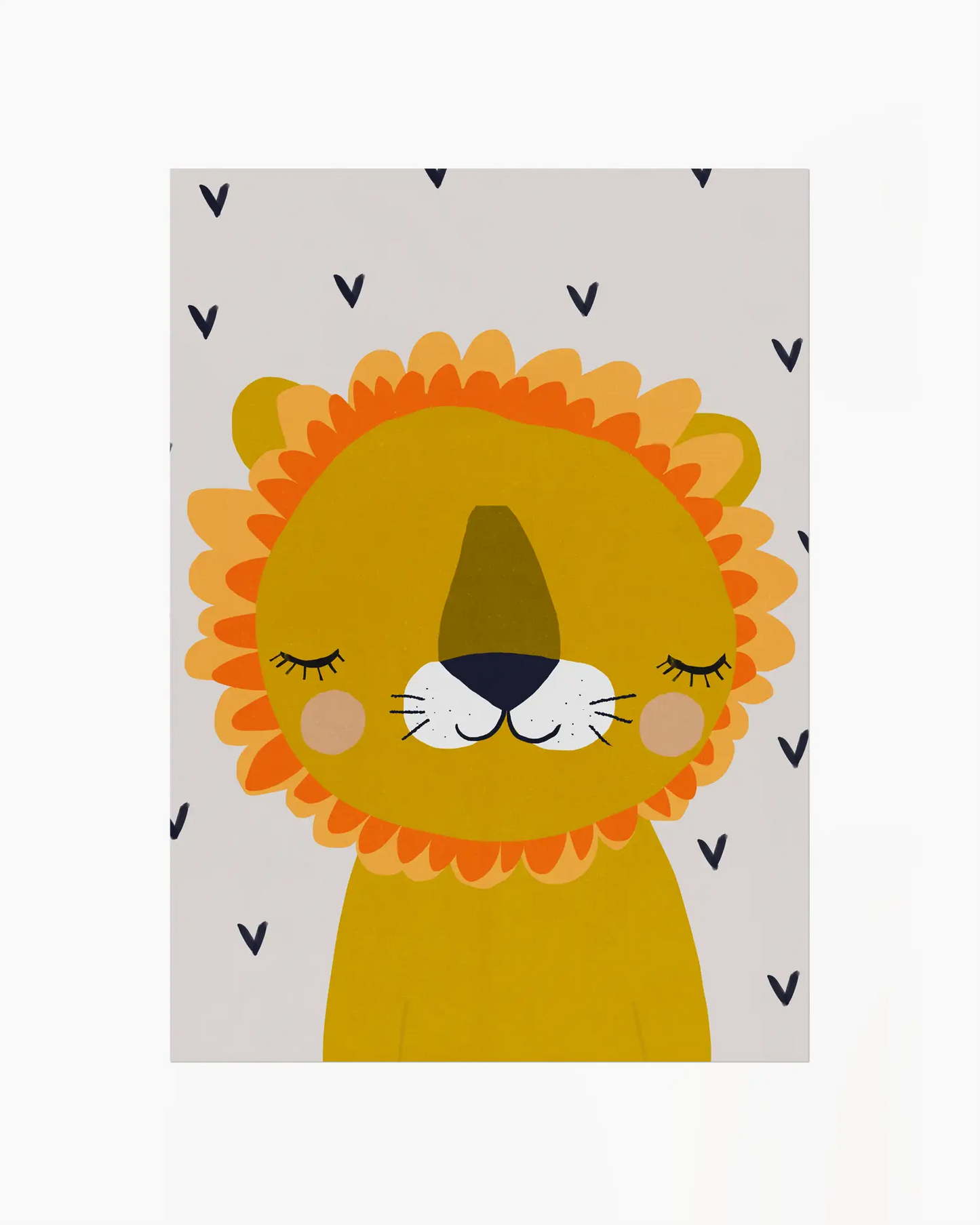Barntavla med illustration av ett fridfullt lejon i varma toner, perfekt som dekorativ och lekfull detalj utan ram.