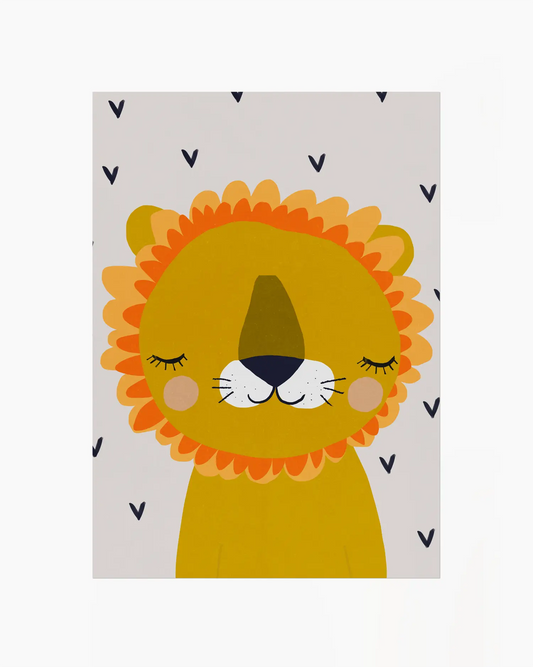 Barntavla med illustration av ett fridfullt lejon i varma toner, perfekt som dekorativ och lekfull detalj utan ram.