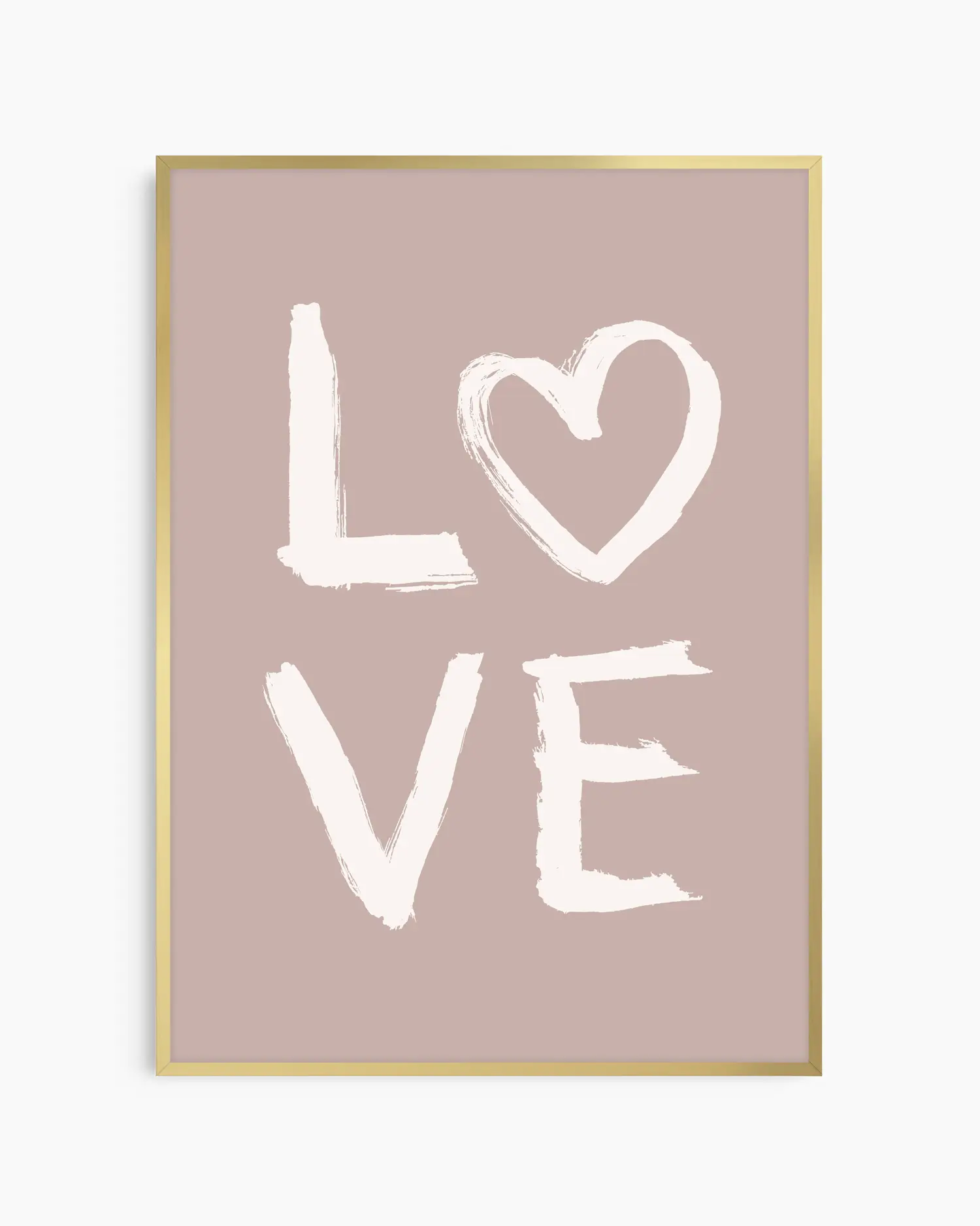 Barntavla med texten LOVE och hjärtformat O mot beige bakgrund, inramad i guld aluminiumram för en elegant känsla.