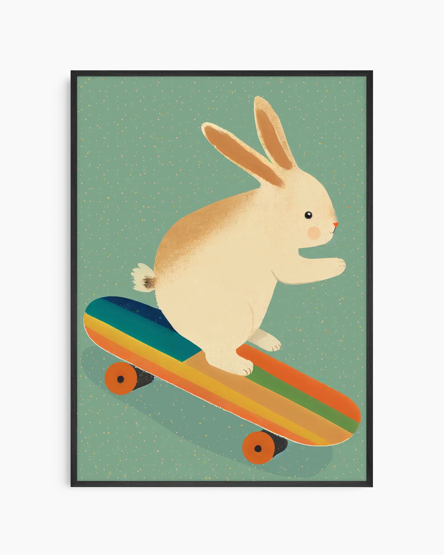 Barntavla med en söt kanin som åker skateboard i regnbågens färger mot en grön bakgrund med små prickar, inramad i svart träram och perfekt för ett lekfullt och kreativt barnrum.