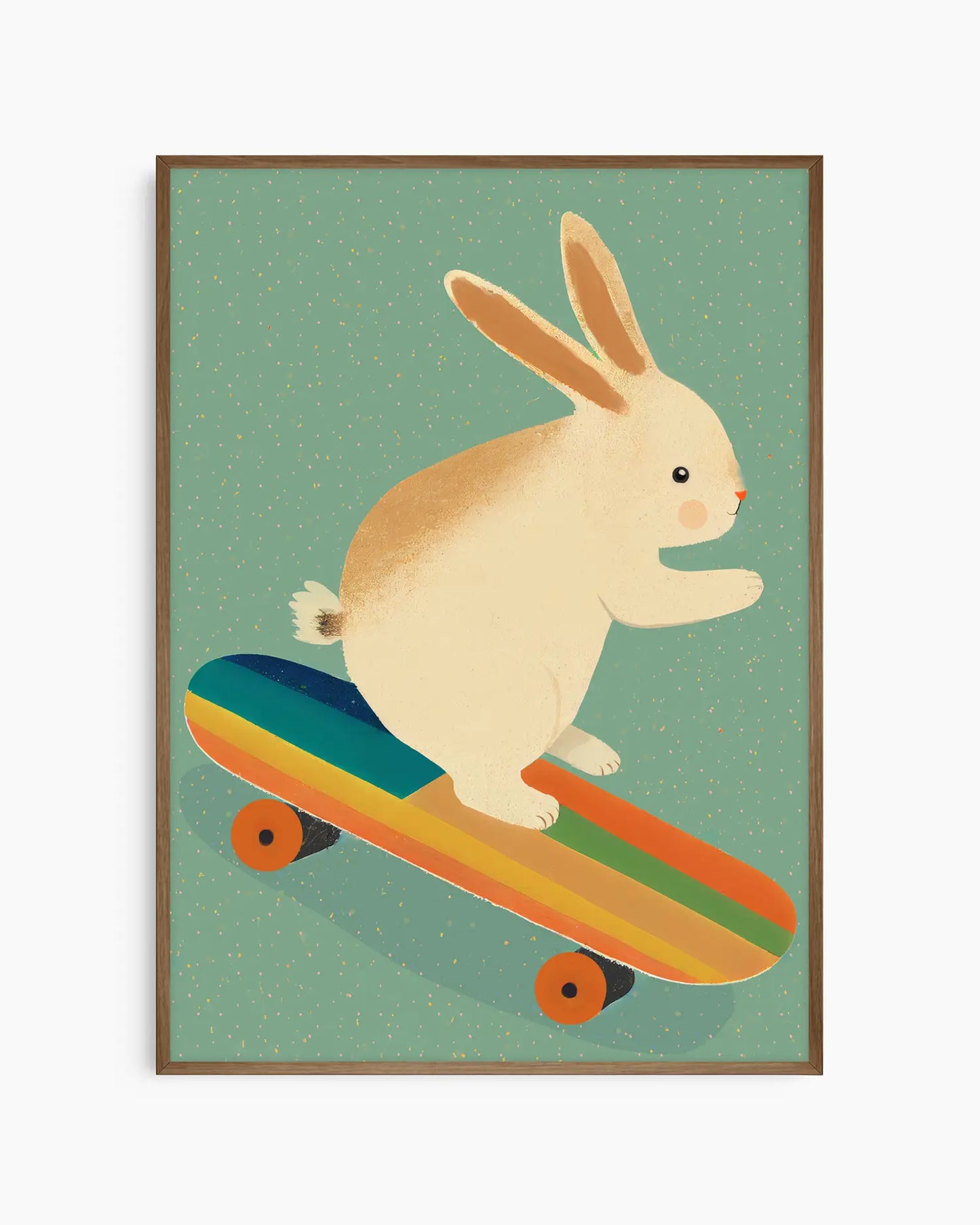Barntavla med illustration av en glad kanin balanserande på en färgglad skateboard, inramad i mörk ekram som ger rummet en varm och harmonisk känsla.
