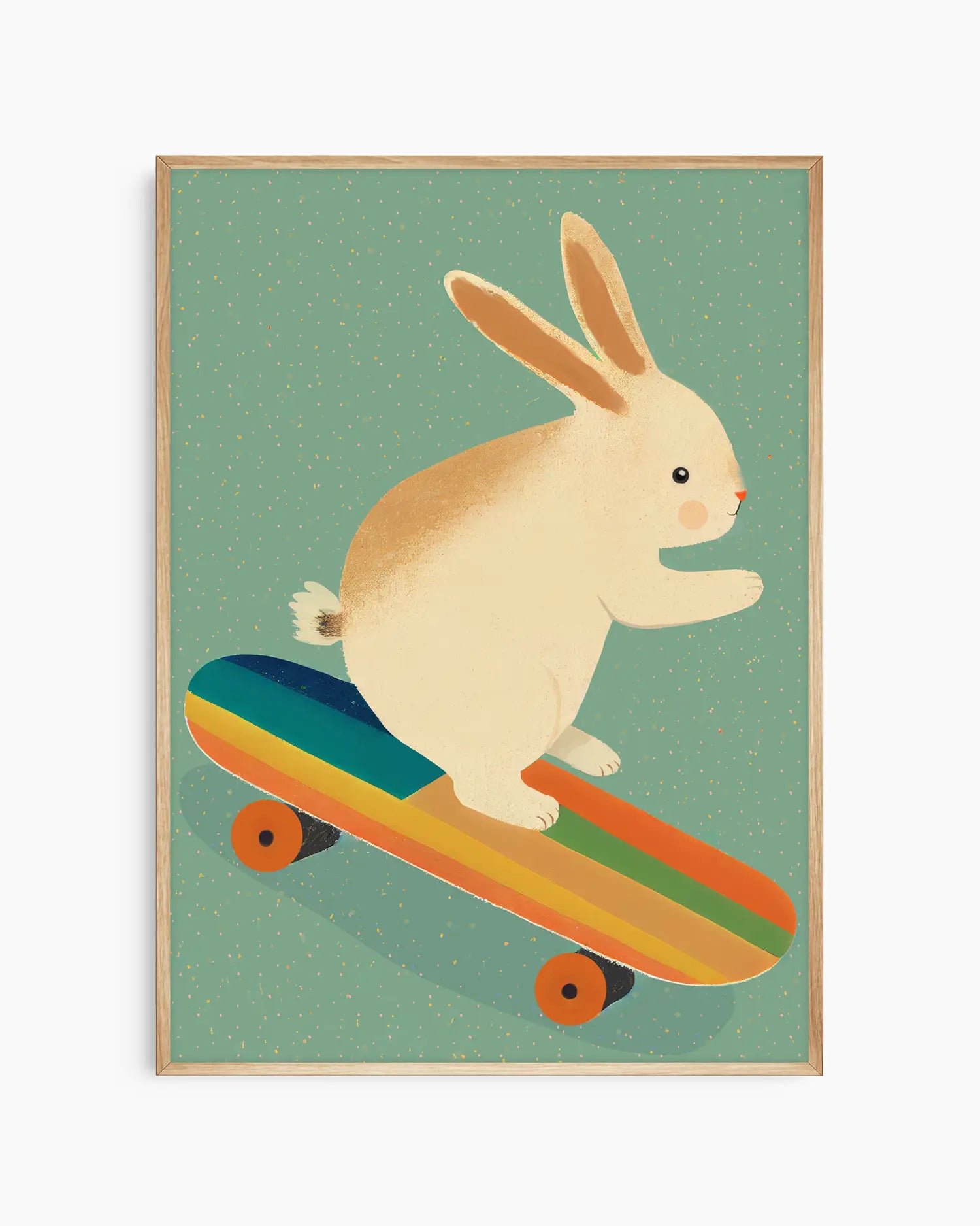 Barntavla med motiv av en skateboardåkande kanin i glada färger, inramad i ekram som passar fint i både moderna och mer klassiska barnrum.