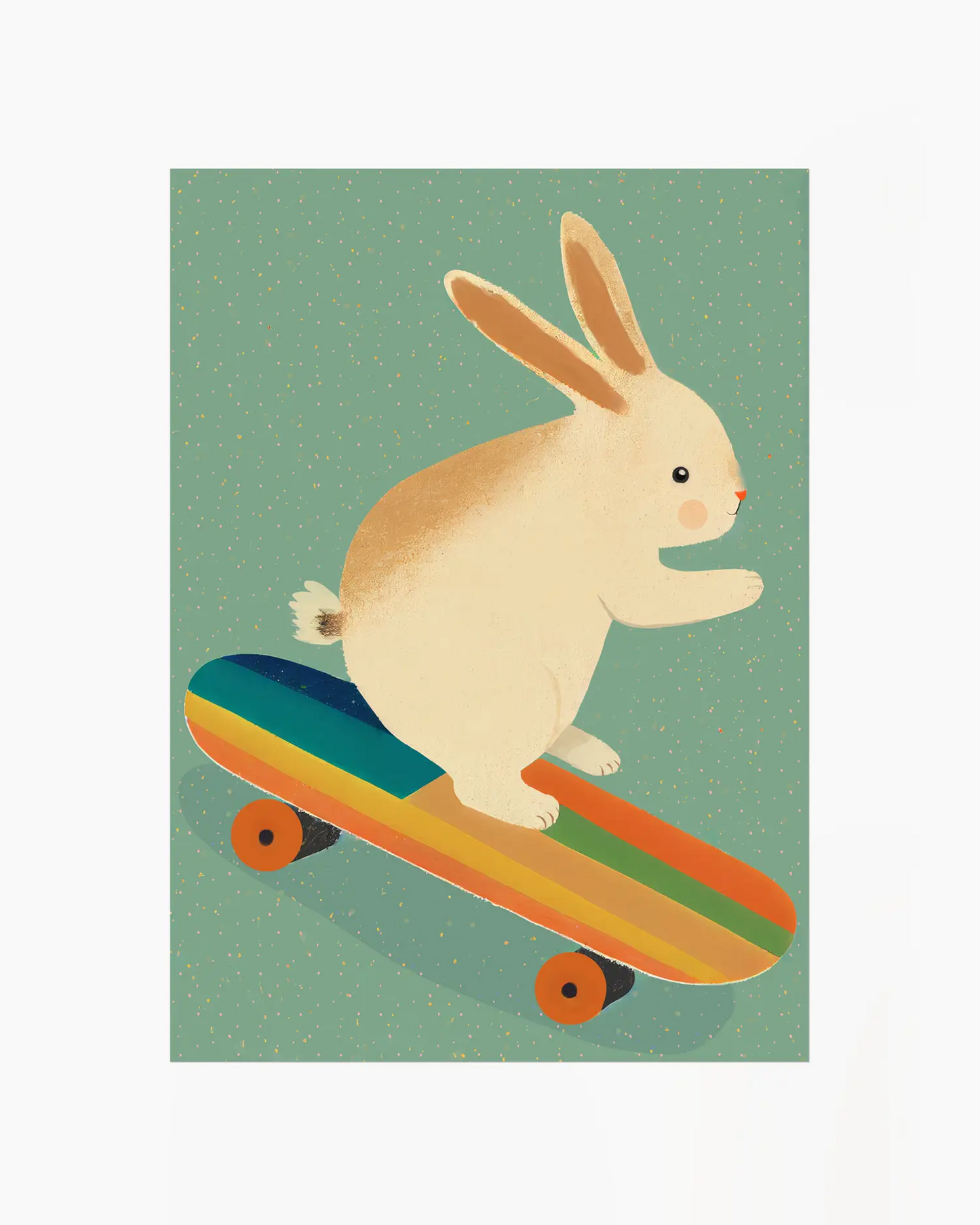 Barntavla med humoristisk illustration av en kanin som åker skateboard, perfekt som färgglad och lekfull detalj utan ram.