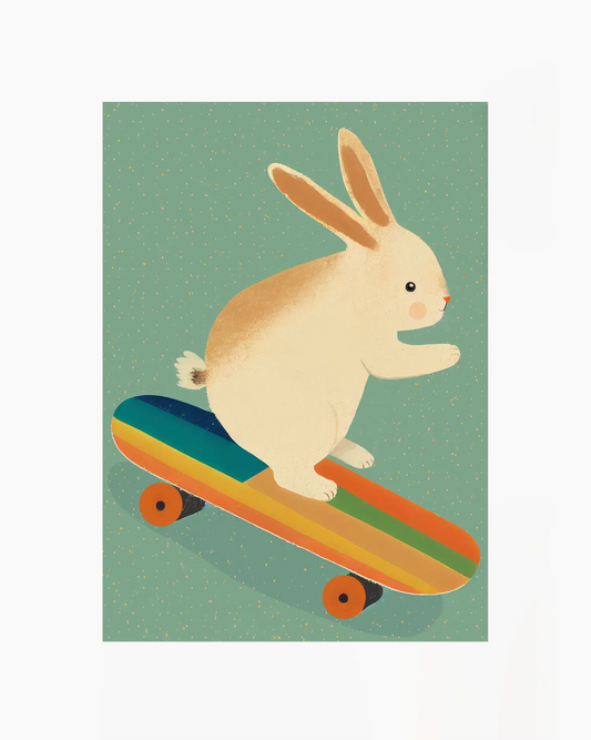 Barntavla med humoristisk illustration av en kanin som åker skateboard, perfekt som färgglad och lekfull detalj utan ram.