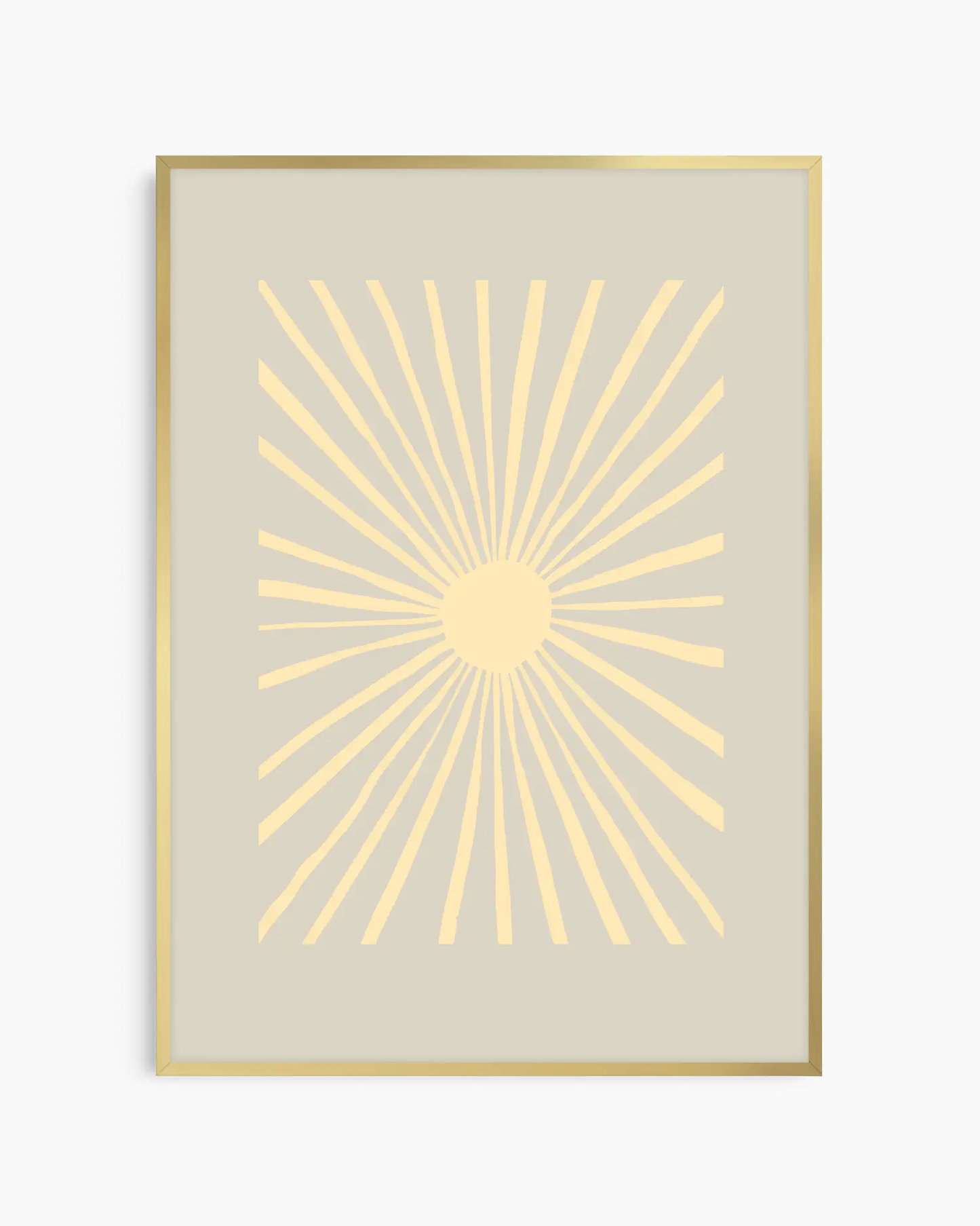 Barntavla med minimalistisk solillustration och varma ljusa strålar, inramad i guld aluminiumram.