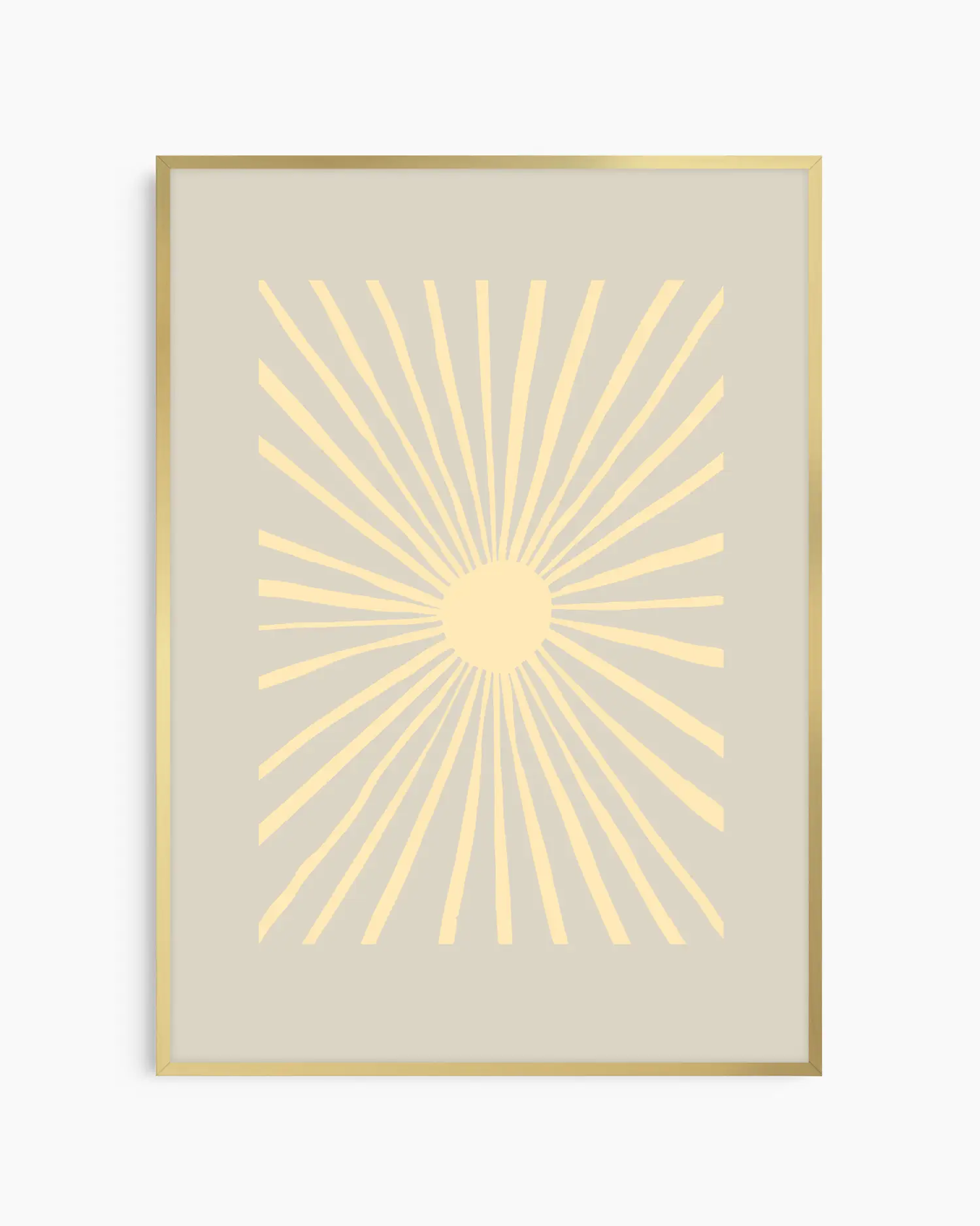 Barntavla med minimalistisk solillustration och varma ljusa strålar, inramad i guld aluminiumram.