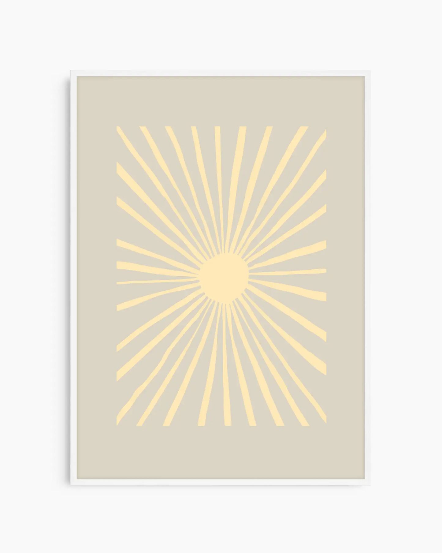 Barntavla med abstrakt solmotiv och ljusa strålar mot beige bakgrund, inramad i vit träram.