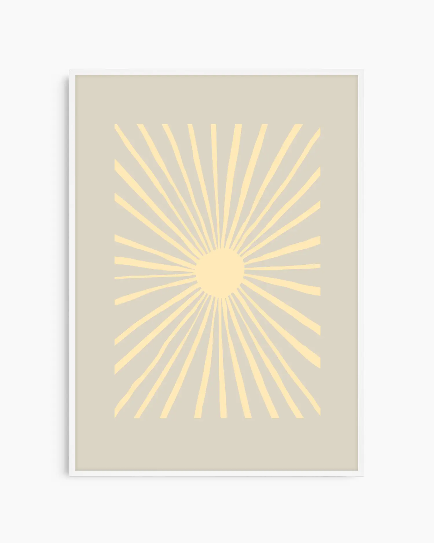 Barntavla med abstrakt solmotiv och ljusa strålar mot beige bakgrund, inramad i vit träram.