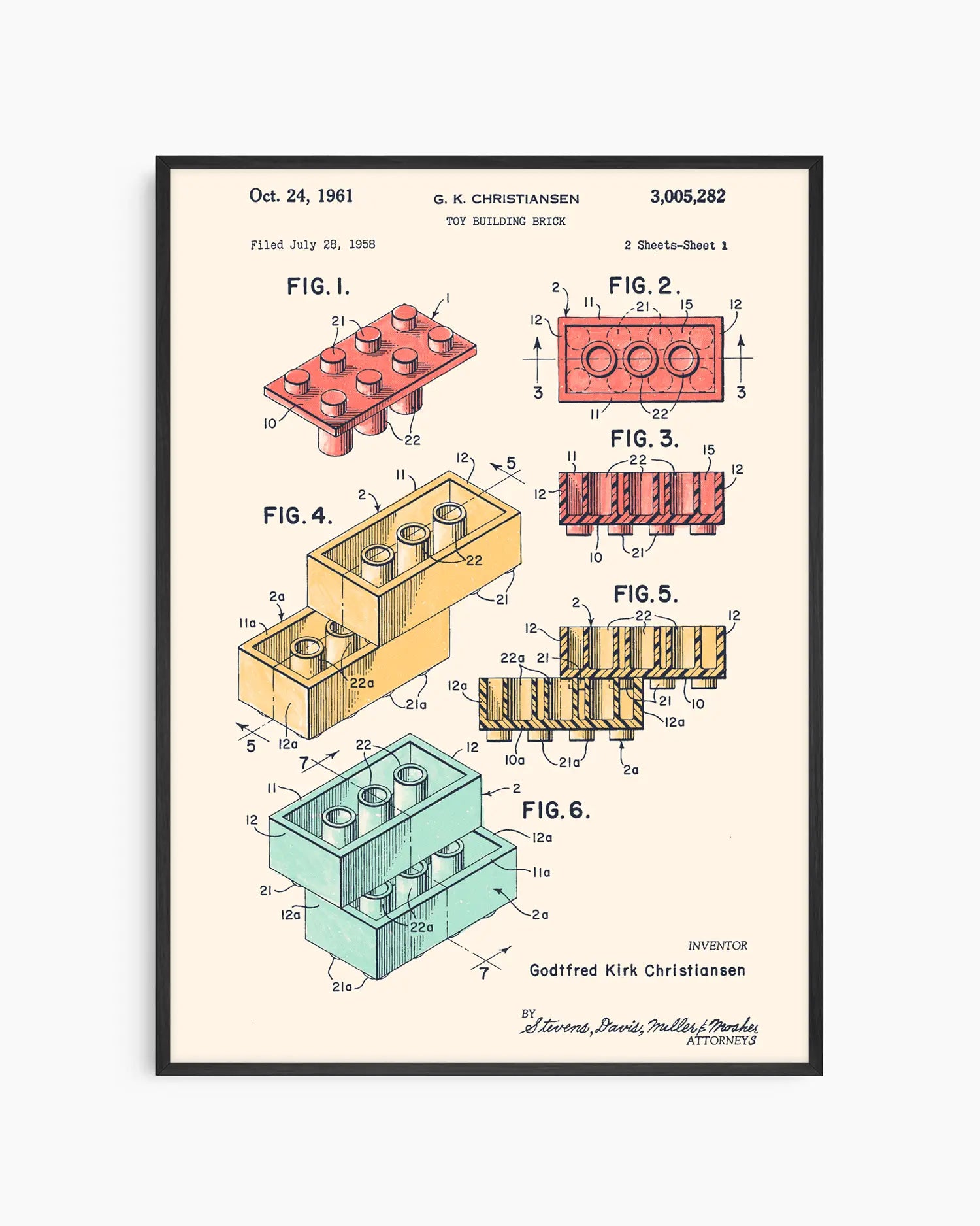 Barntavla med teknisk illustration av byggklossar i vintage stil med mått och figurbeteckningar på ljus bakgrund, inramad i svart träram. En kreativ och pedagogisk detalj för barnrummet.