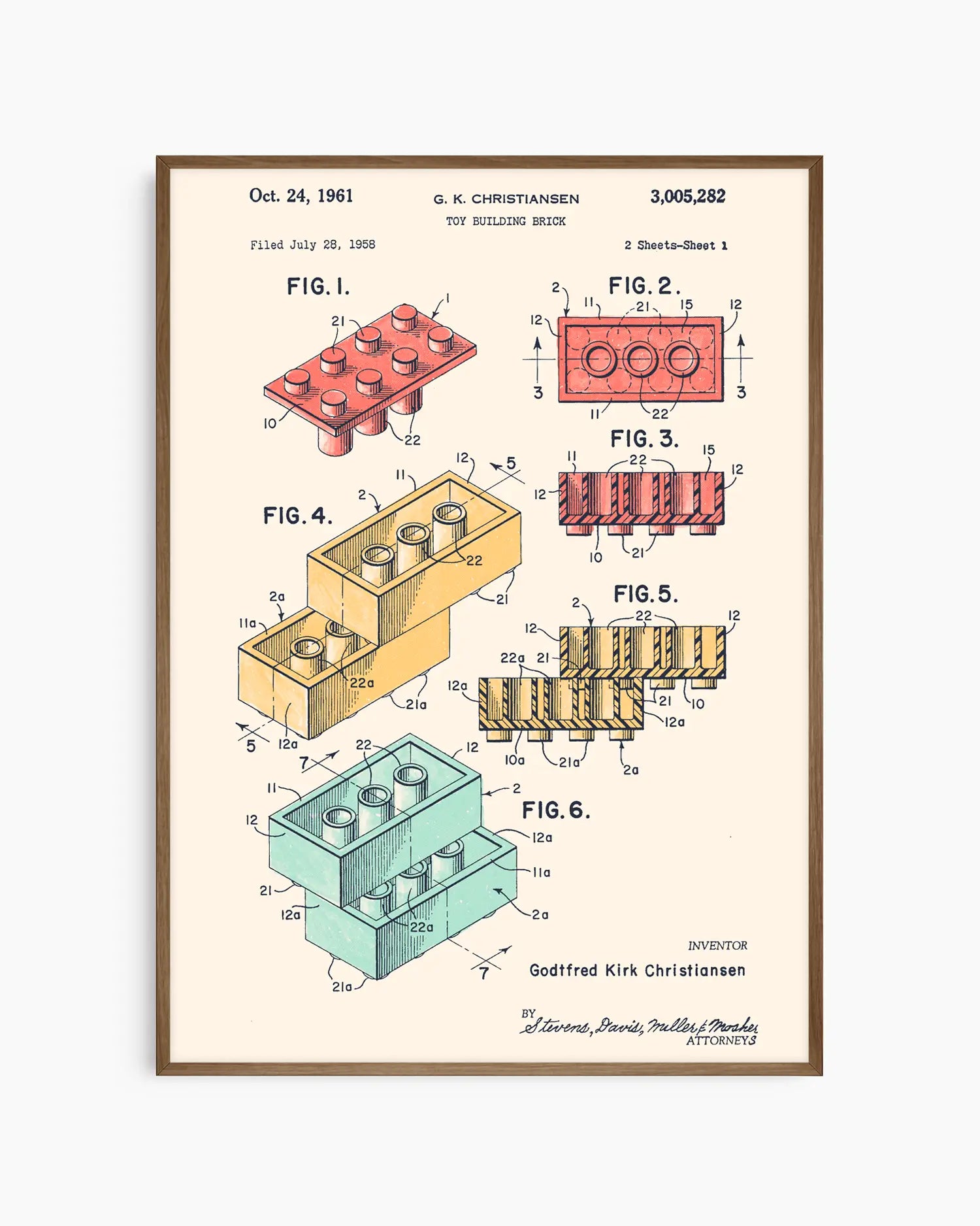 Barntavla med ritning av byggklossar och detaljerade skisser i retrodesign, inramad i mörk ekram. Skapar en lekfull känsla med vetenskaplig touch.
