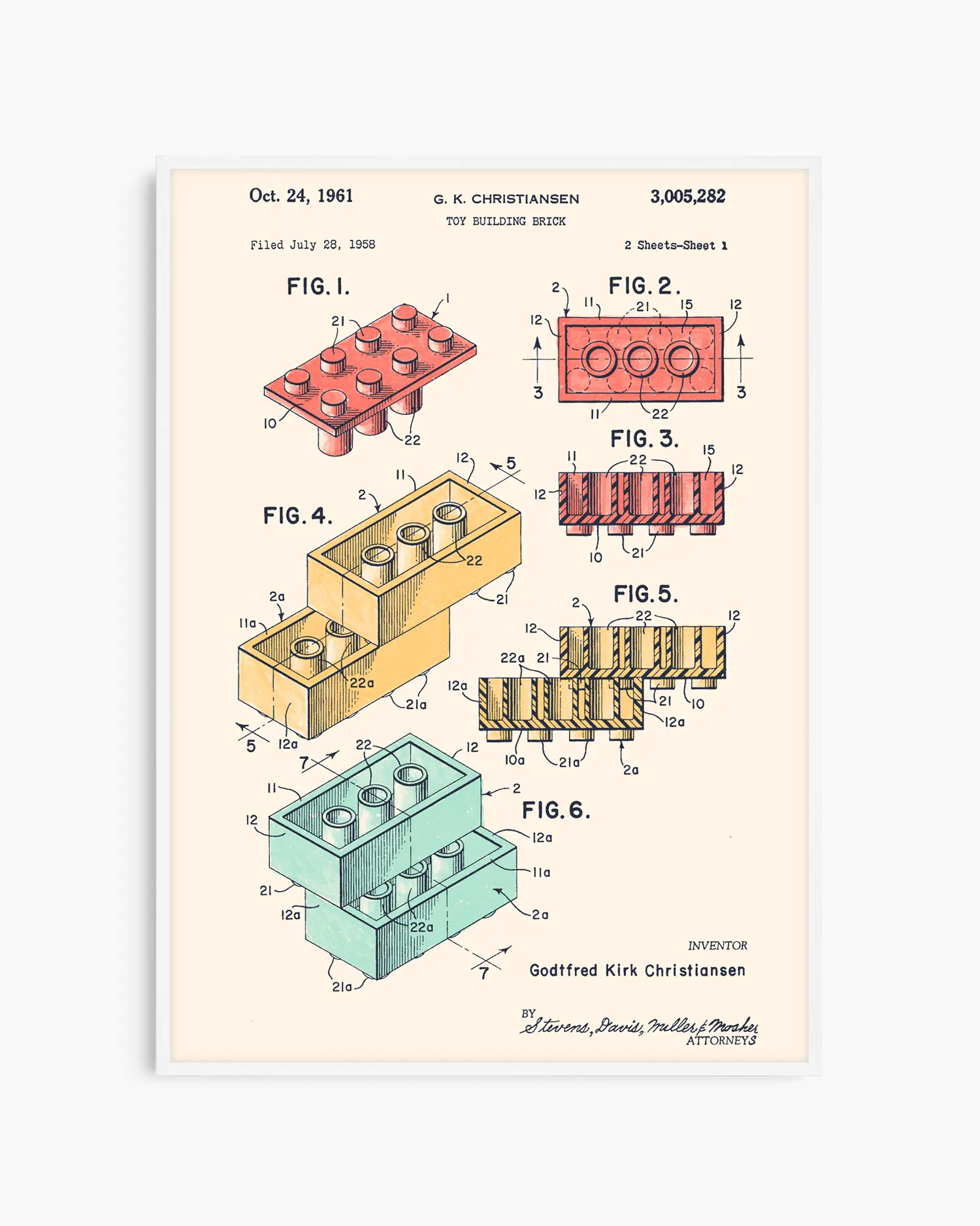 Barntavla med vintageillustration av byggklossar och tekniska skisser, inramad i vit träram. En stilren och kreativ inredningsdetalj.