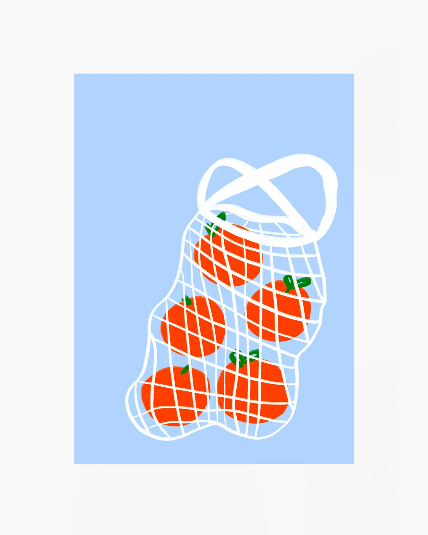 Barntavla med illustration av tomater i ett vitt nät mot ljusblå bakgrund utan ram. En enkel och färgglad poster för barnrummet.