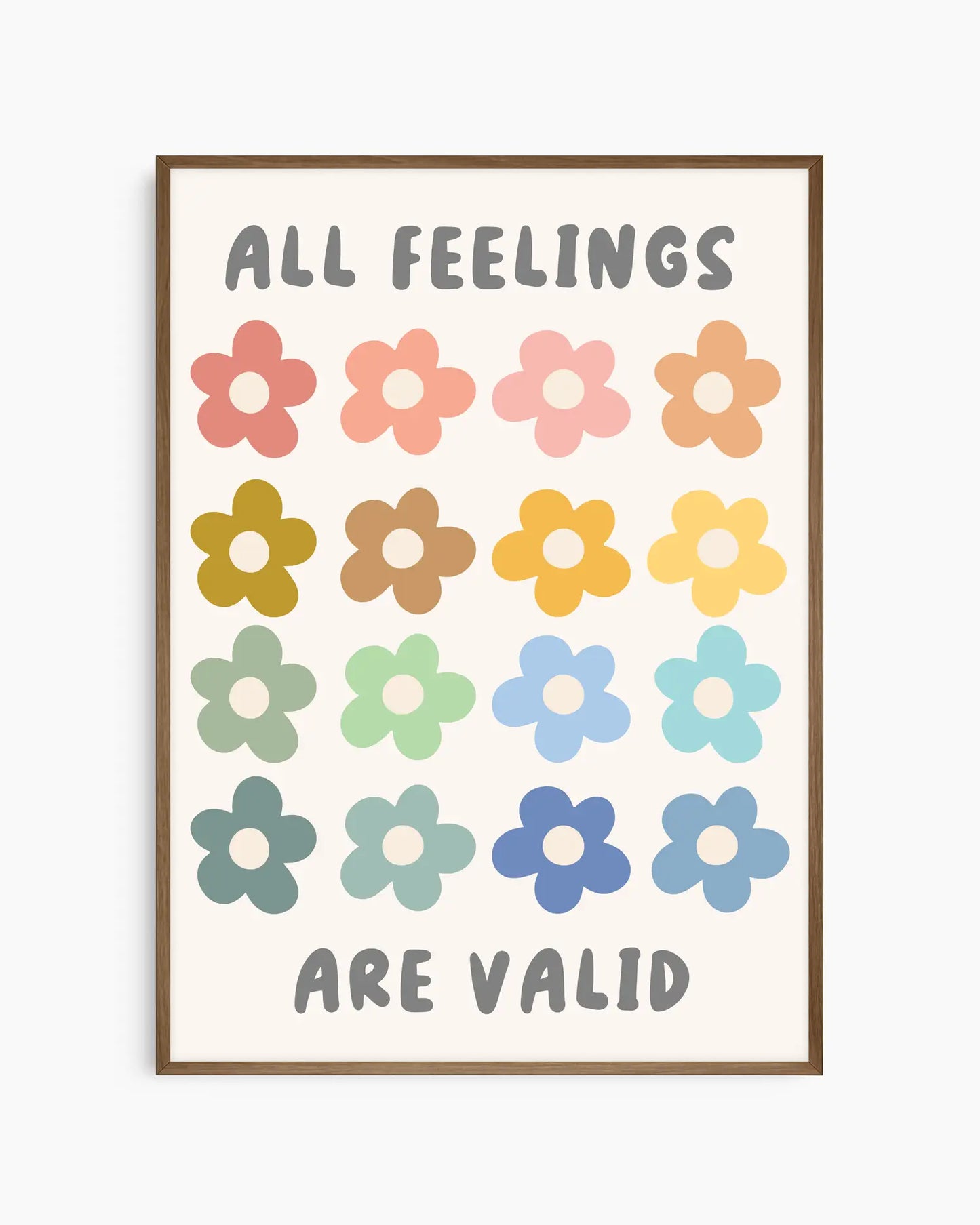 Barntavla med stiliserade blommor i olika färger och texten "ALL FEELINGS ARE VALID" på krämvit bakgrund, inramad i mörk ekram. En varm och pedagogisk barnrumstavla.