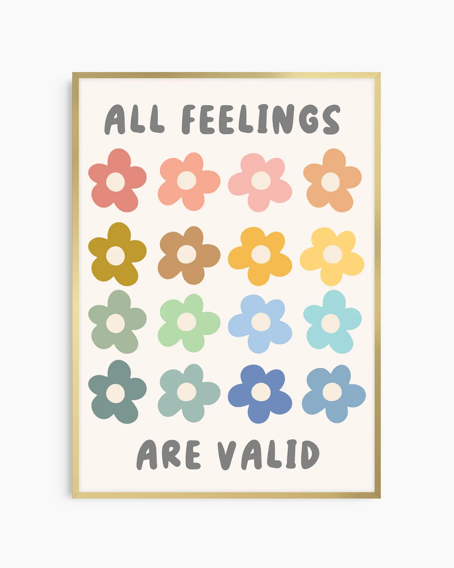 Barntavla med blommotiv i harmoniska nyanser och texten "ALL FEELINGS ARE VALID", inramad i guld aluminiumram. En modern och uppmuntrande detalj för barnrummet.