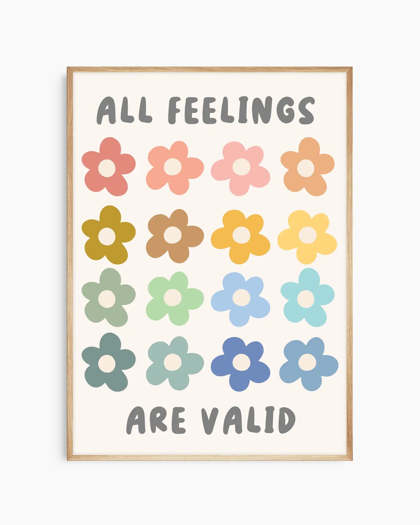 Barntavla med illustrerade blommor i glada färger och texten "ALL FEELINGS ARE VALID", inramad i ekram. En mjuk och positiv barnrumstavla.