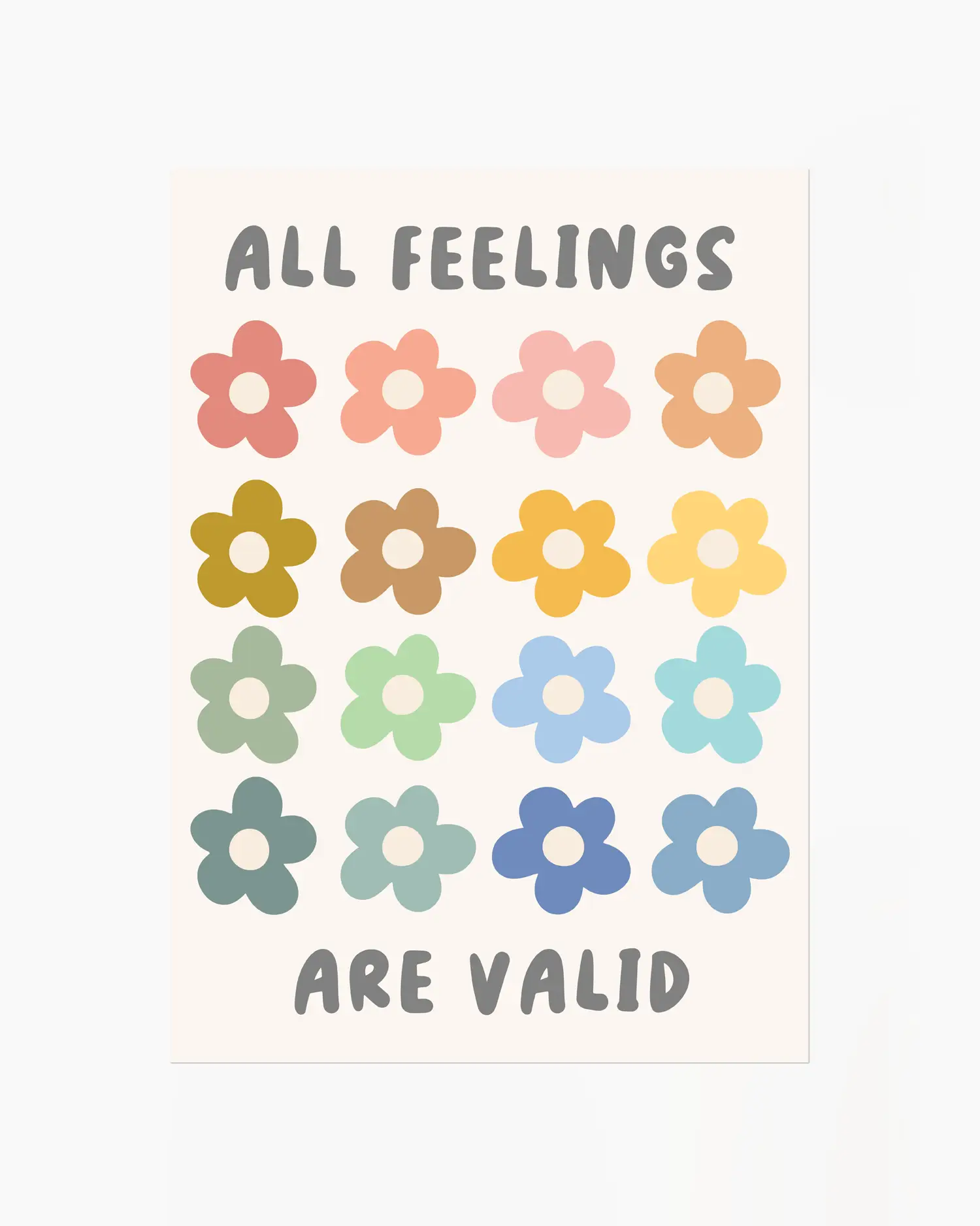 Barntavla med stilrena blommor i olika färger och texten "ALL FEELINGS ARE VALID" på neutral bakgrund. En lekfull och inkluderande barnrumstavla utan ram.