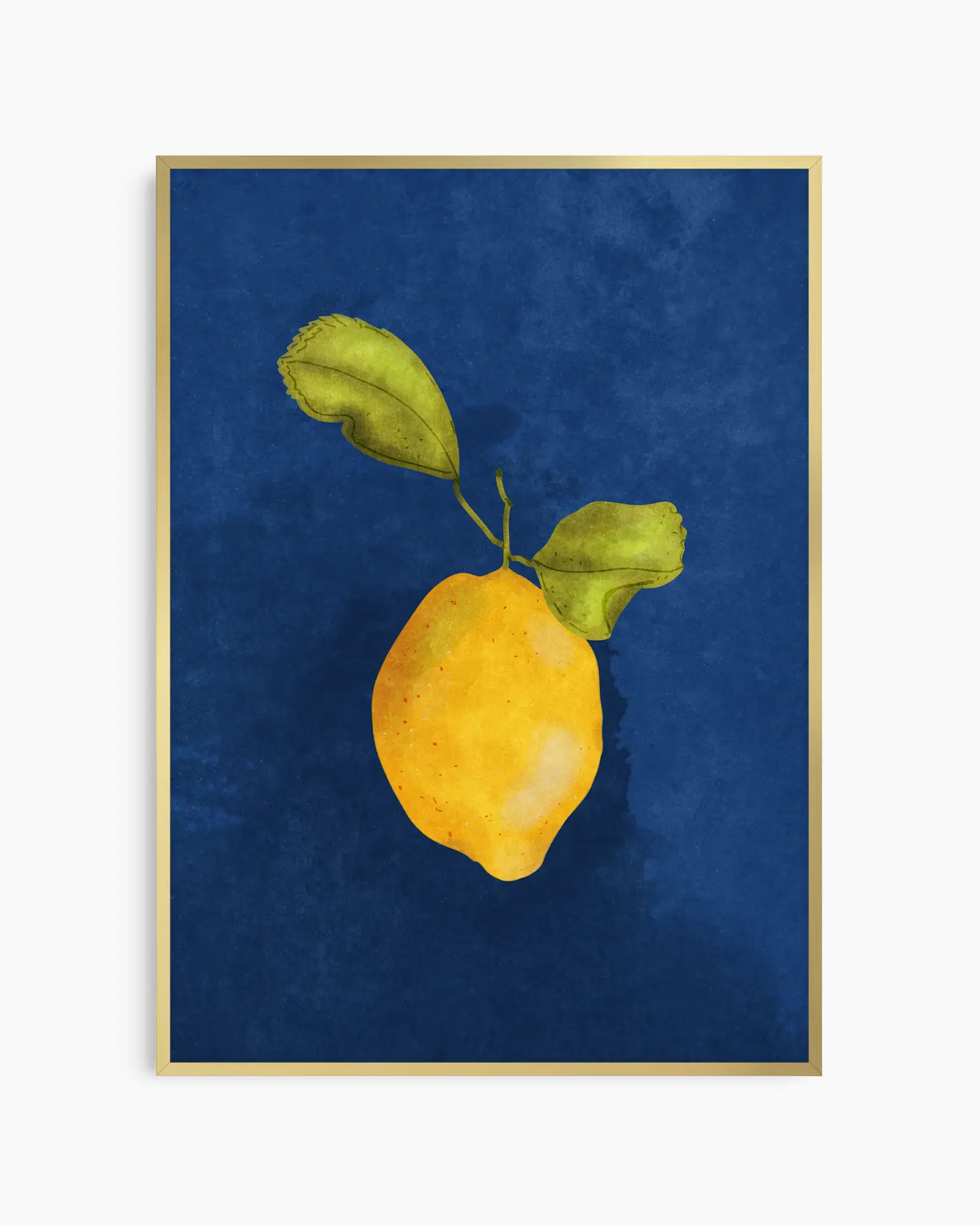 Barntavla med målad citron och blad mot blå bakgrund, inramad i guld aluminiumram. En modern och livfull barnrumstavla med fruktmotiv.