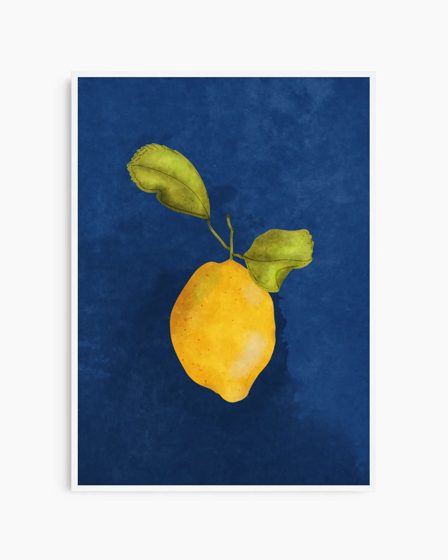 Barntavla med illustrerad citron och blad,
inramad i vit träram. En lekfull och varm väggdekoration för barnrum.