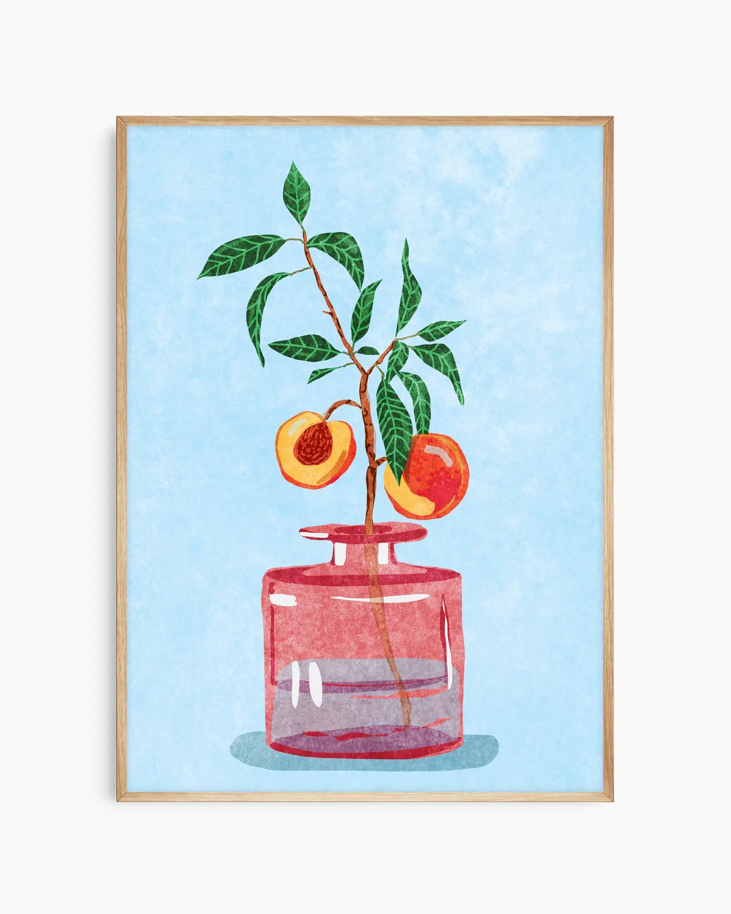 Barntavla med kvist och frukt i röd glasvas, inramad i ekram. En stilren illustration som ger liv åt barnrummet.