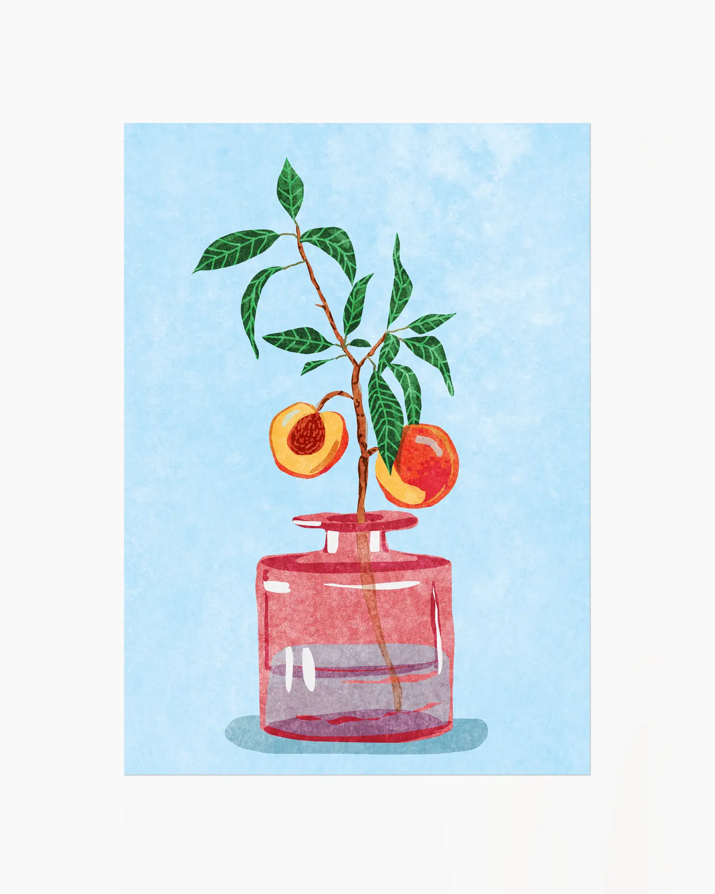 Barntavla med illustrerad kvist med frukt i röd glasburk mot ljusblå bakgrund. Ett lekfullt och kreativt motiv för barnrummet.