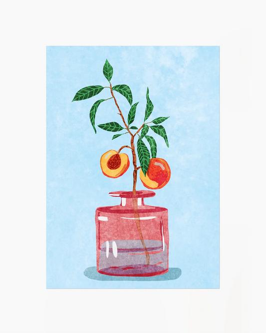 Barntavla med illustrerad kvist med frukt i röd glasburk mot ljusblå bakgrund. Ett lekfullt och kreativt motiv för barnrummet.
