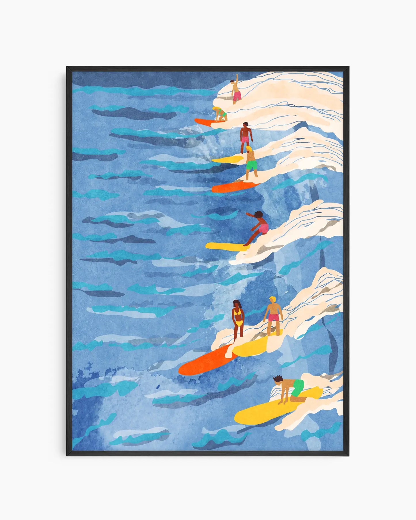 Barntavla med illustration av surfare på färgglada surfbrädor i blått hav, inramad i svart träram. En livfull och lekfull tavla för barnrum.