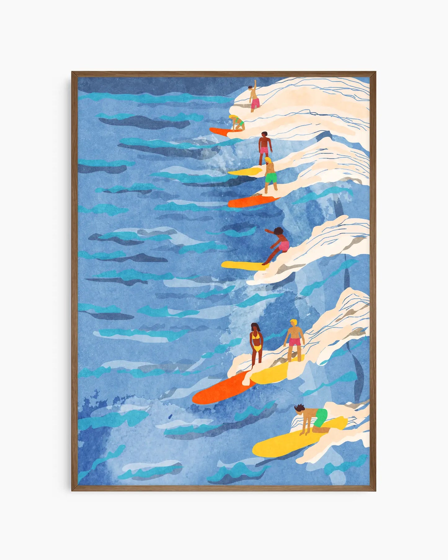 Barntavla med surfmotiv i mjuka blå nyanser och färgstarka brädor, inramad i mörk ekram. En dynamisk och inspirerande barnrumstavla.