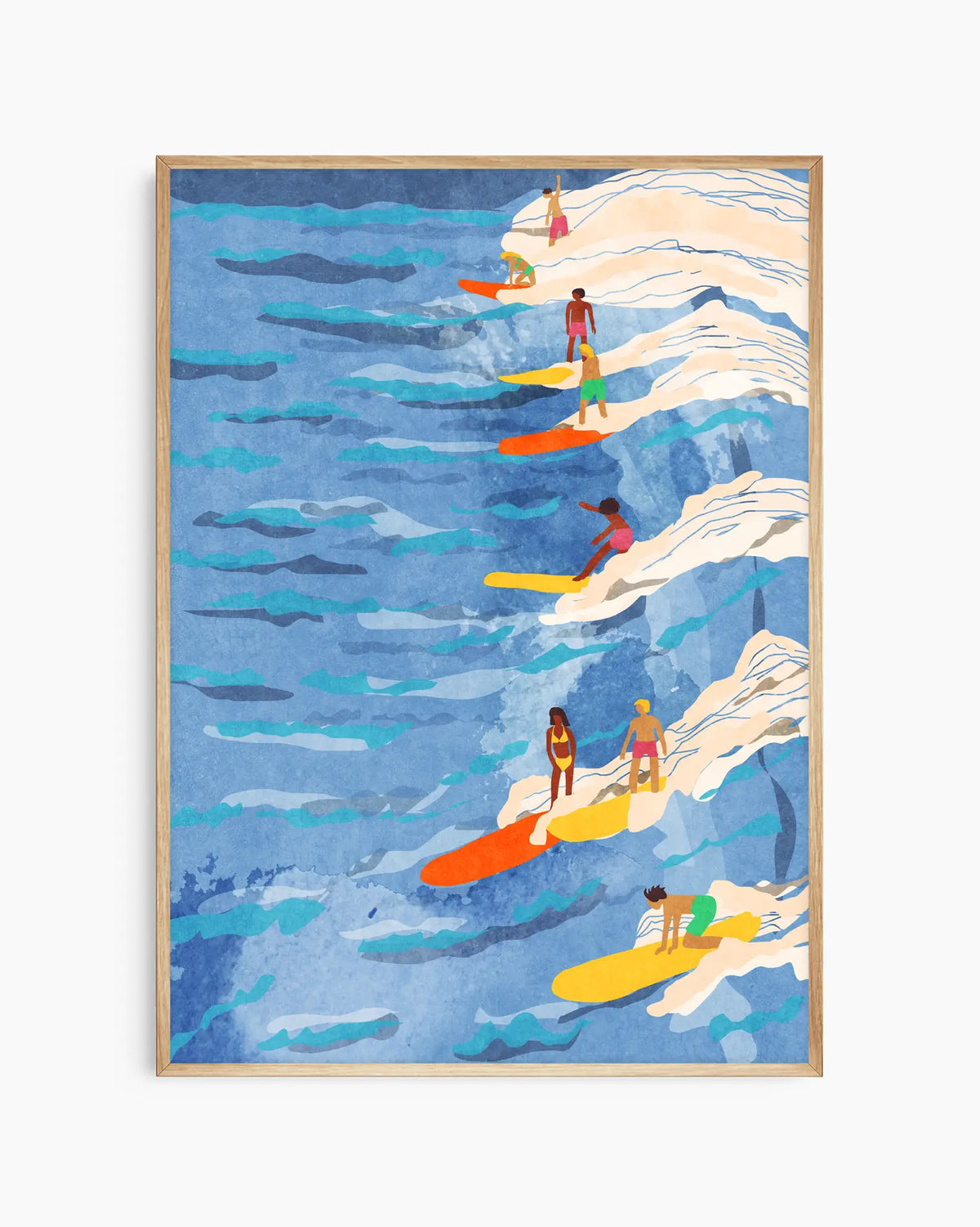Barntavla med illustration av surfande personer i havet, inramad i ekram. En modern och lekfull tavla med somrig känsla.