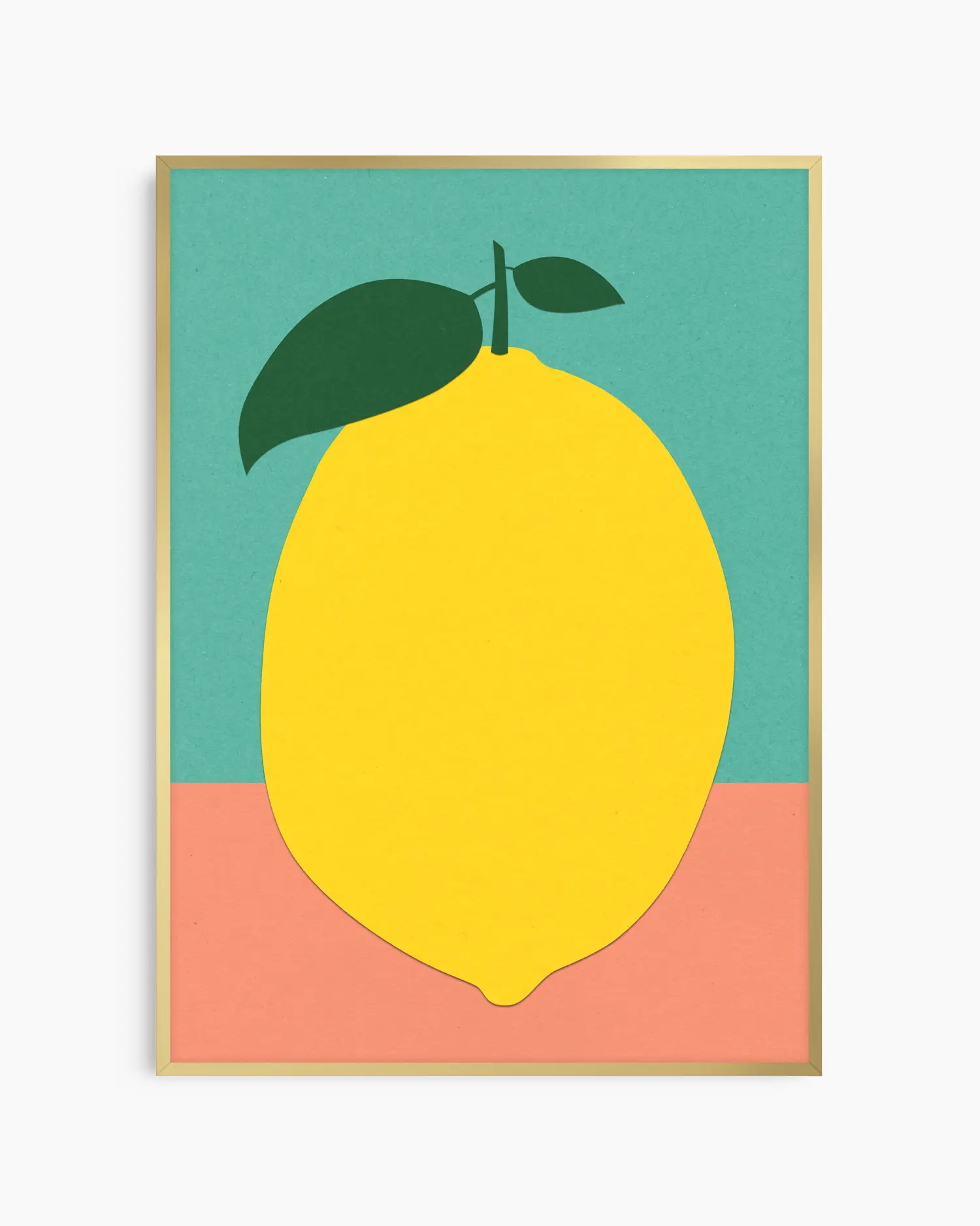 Barntavla med stiliserad gul citron och gröna blad mot turkos och persikofärgad bakgrund, inramad i guld aluminiumram. En varm och dekorativ tavla som ger rummet en glad känsla.