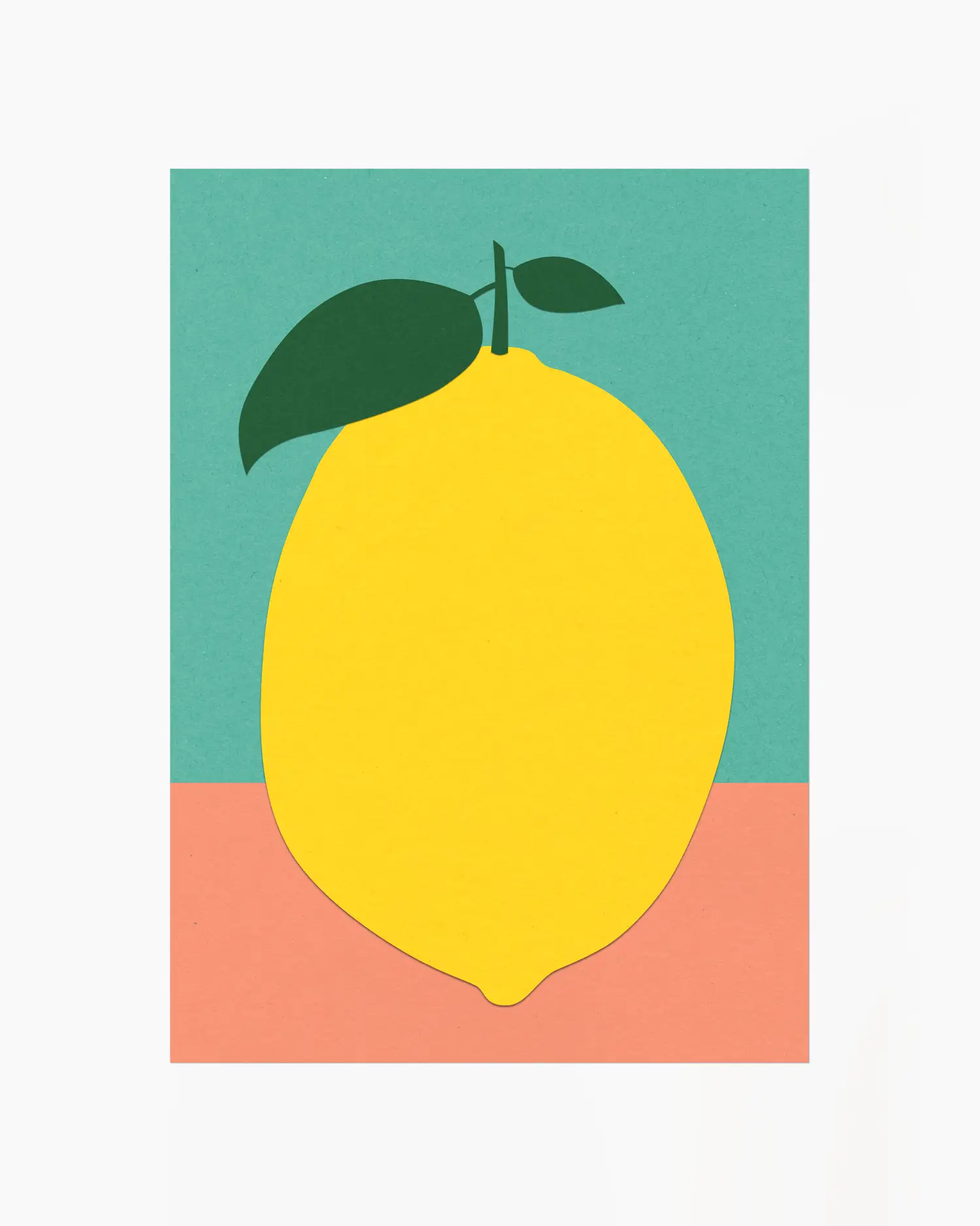 Barntavla med stor stiliserad citron med blad mot turkos och persikofärgad bakgrund. En färgglad och modern illustration med mjukt formspråk.