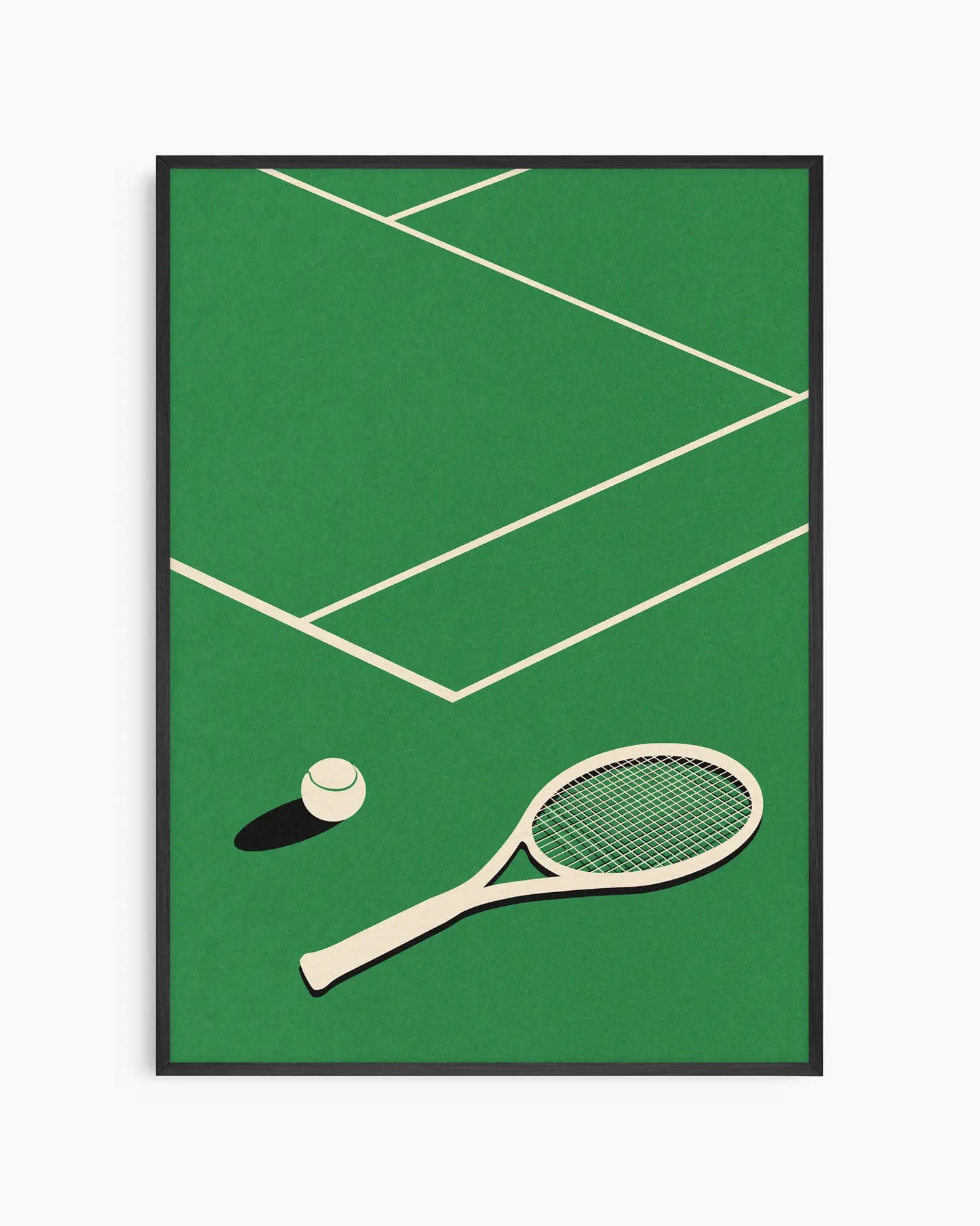 Barntavla med stilrent tennisracket och boll på en grön bana, inramad i svart träram som ger motivet ett modernt och sportigt uttryck.