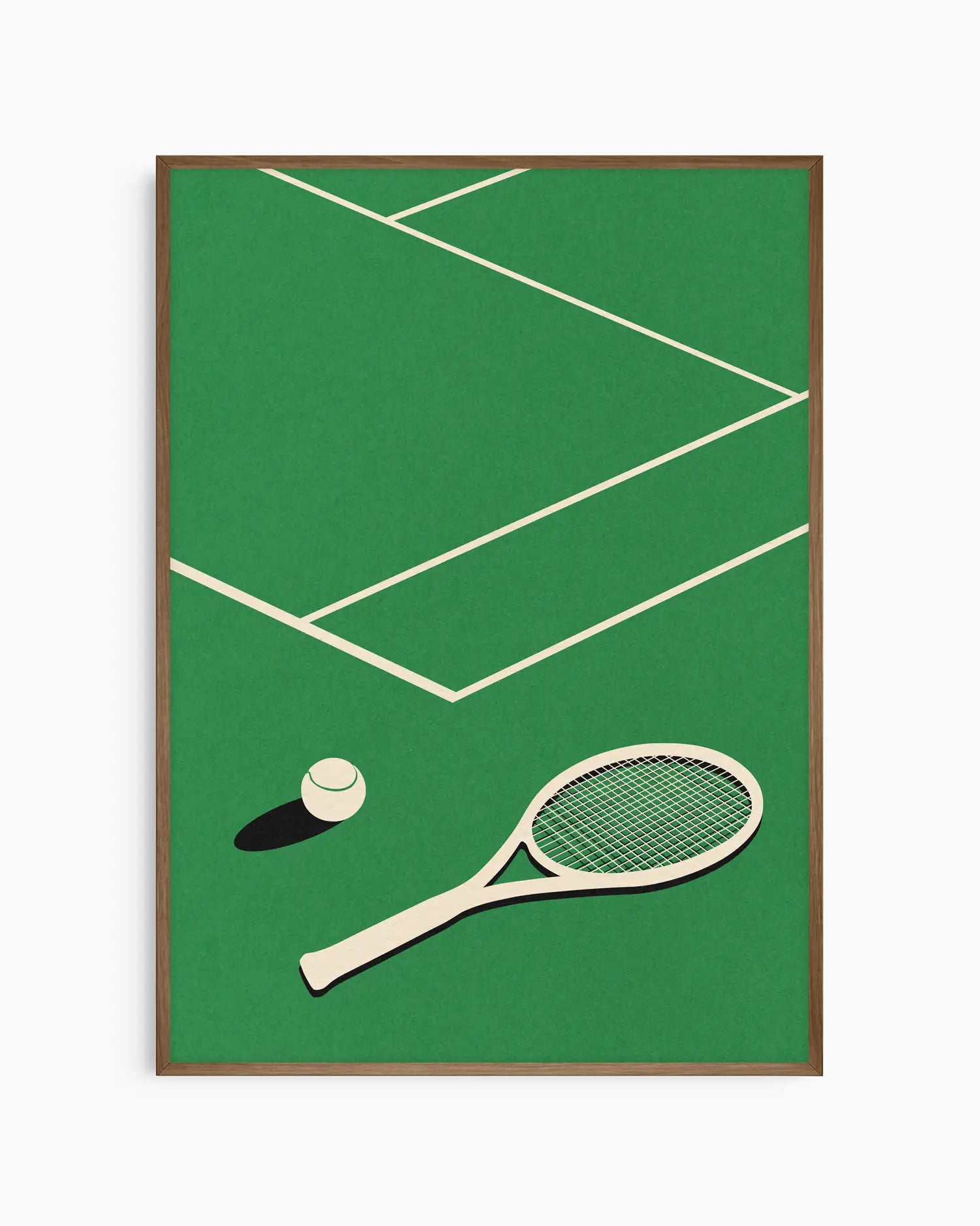 Barntavla med minimalistiskt tennismotiv där racket och boll vilar på banlinjerna, inramad i mörk ekram som tillför värme och elegans.
