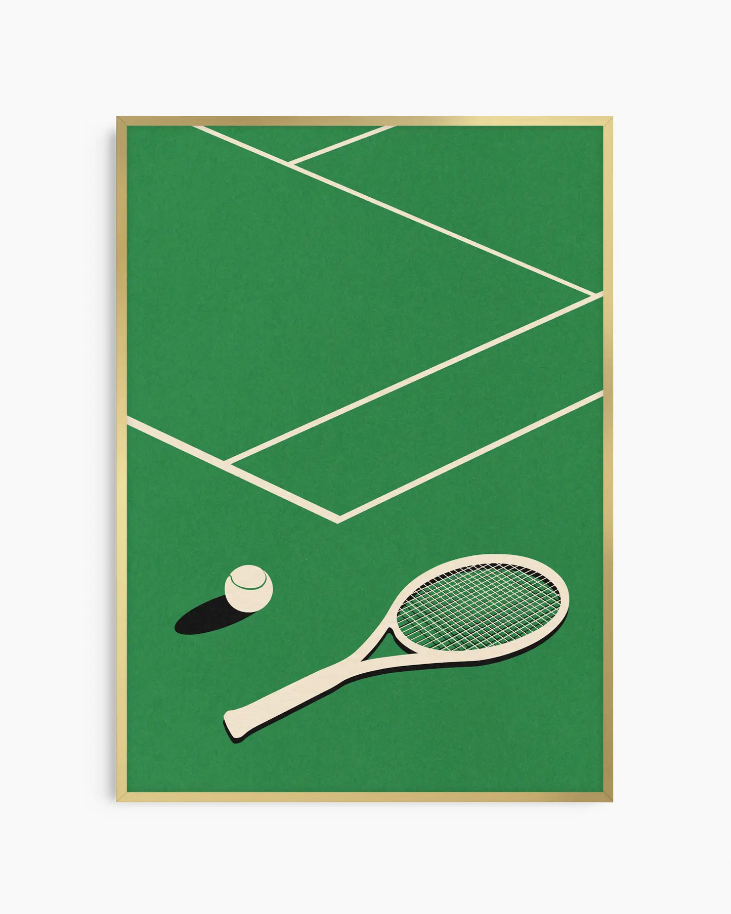 Barntavla med grafiskt tennisracket och boll mot grön bakgrund, inramad i guld aluminiumram som skapar en lekfull och exklusiv känsla.