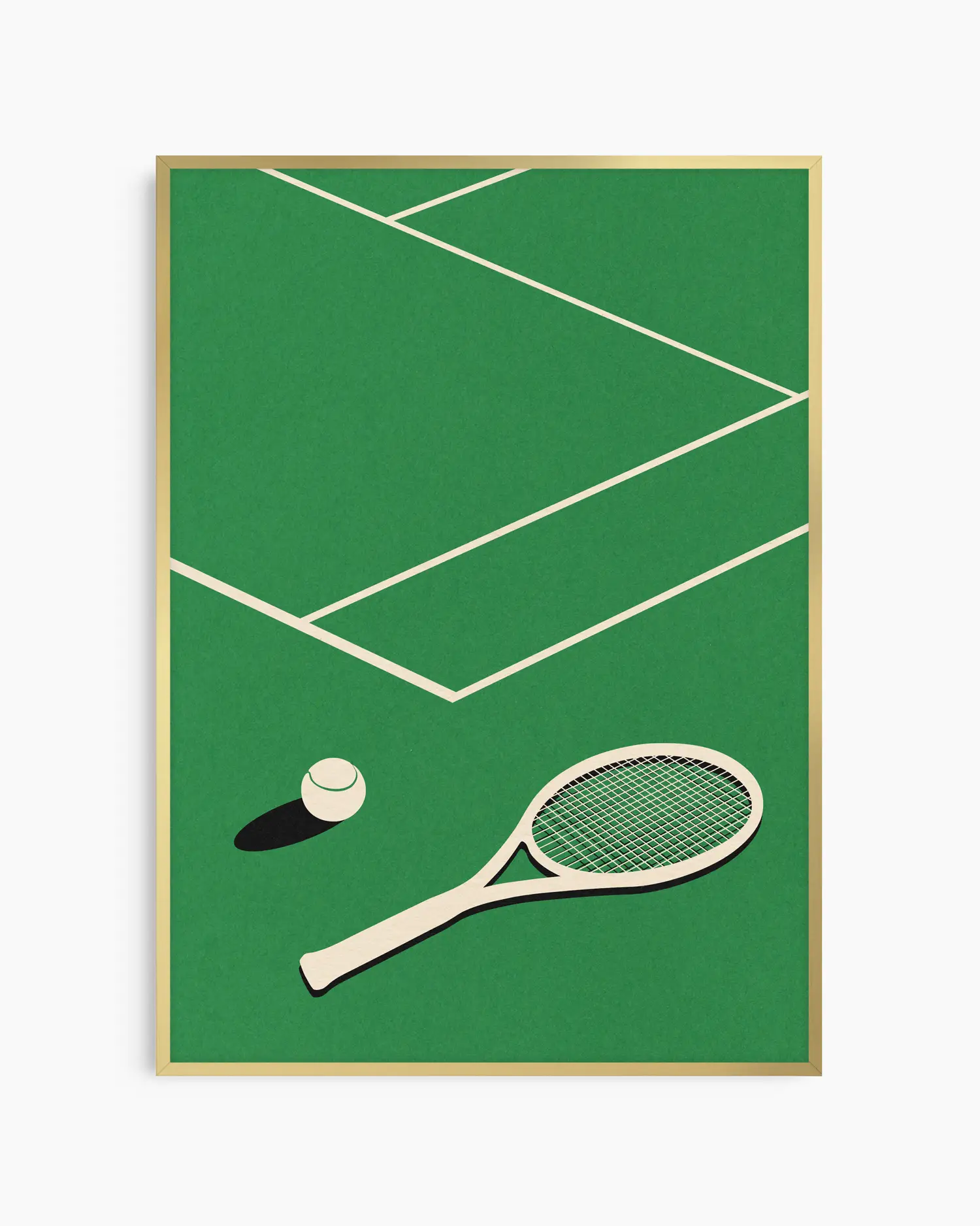 Barntavla med grafiskt tennisracket och boll mot grön bakgrund, inramad i guld aluminiumram som skapar en lekfull och exklusiv känsla.