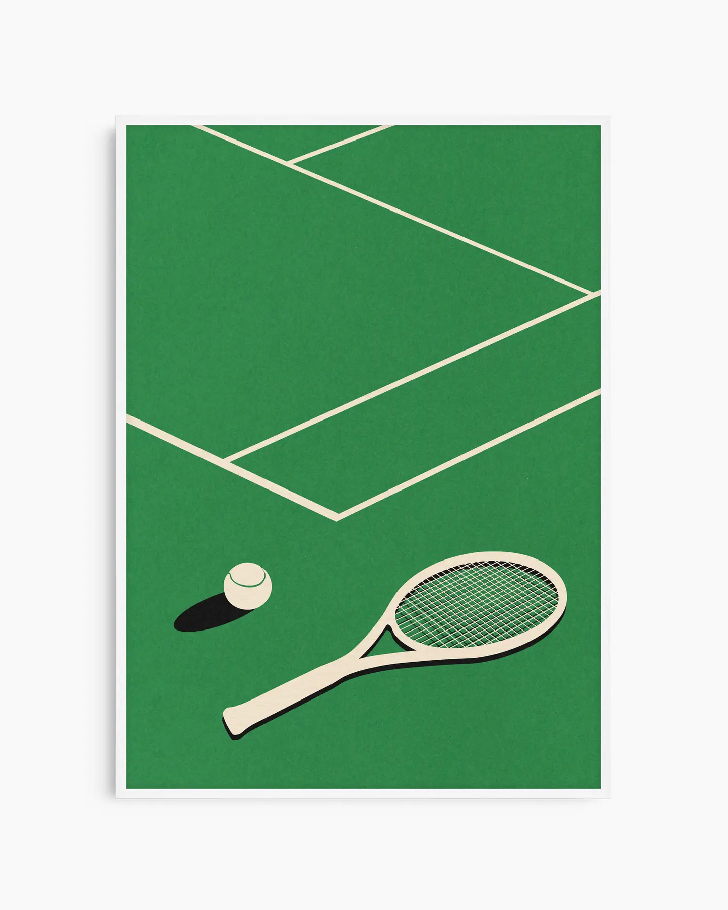 Barntavla med minimalistiskt tennisracket och boll, inramad i vit träram som lyfter fram de ljusa linjerna och skapar ett fräscht, sportigt intryck.