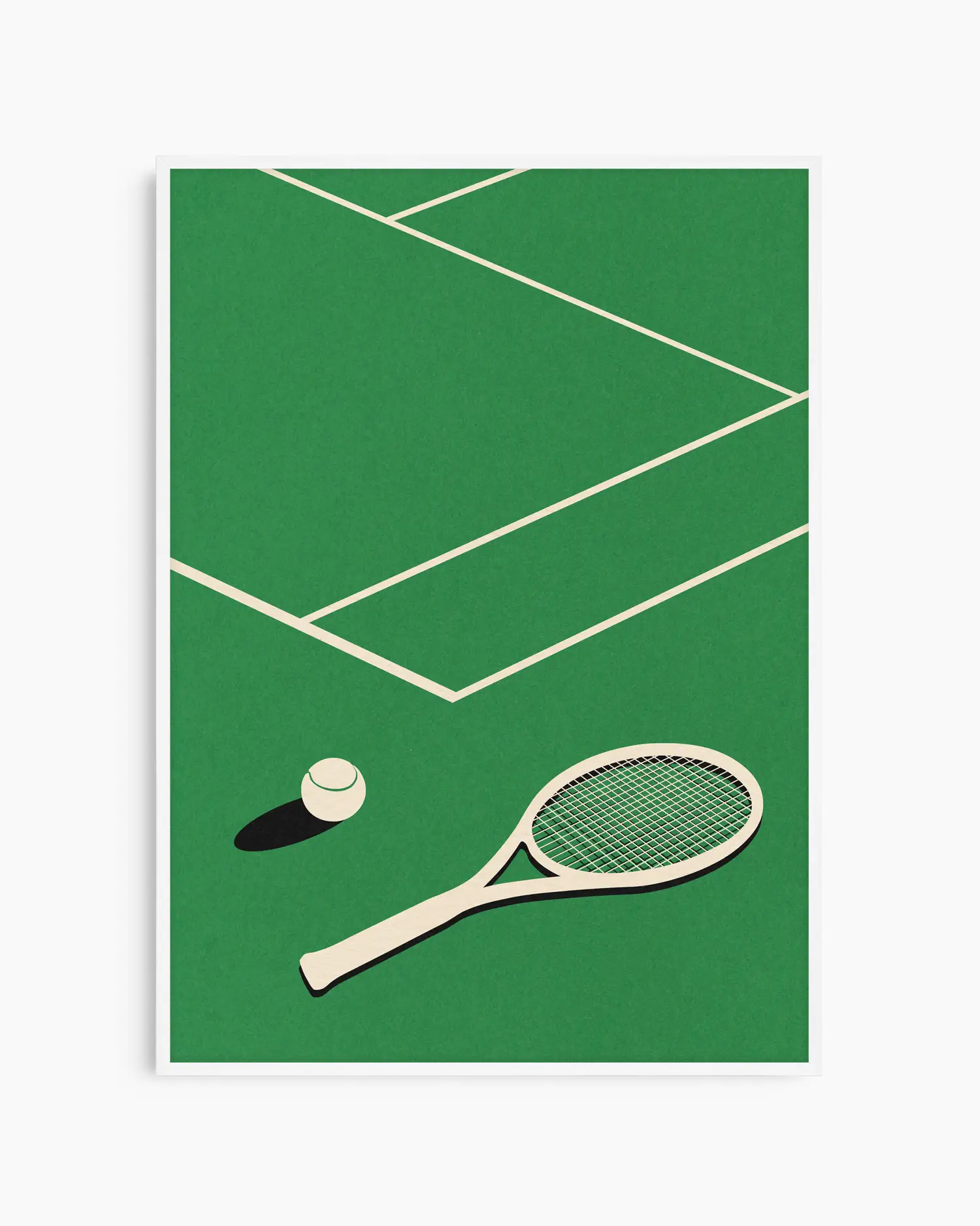 Barntavla med minimalistiskt tennisracket och boll, inramad i vit träram som lyfter fram de ljusa linjerna och skapar ett fräscht, sportigt intryck.