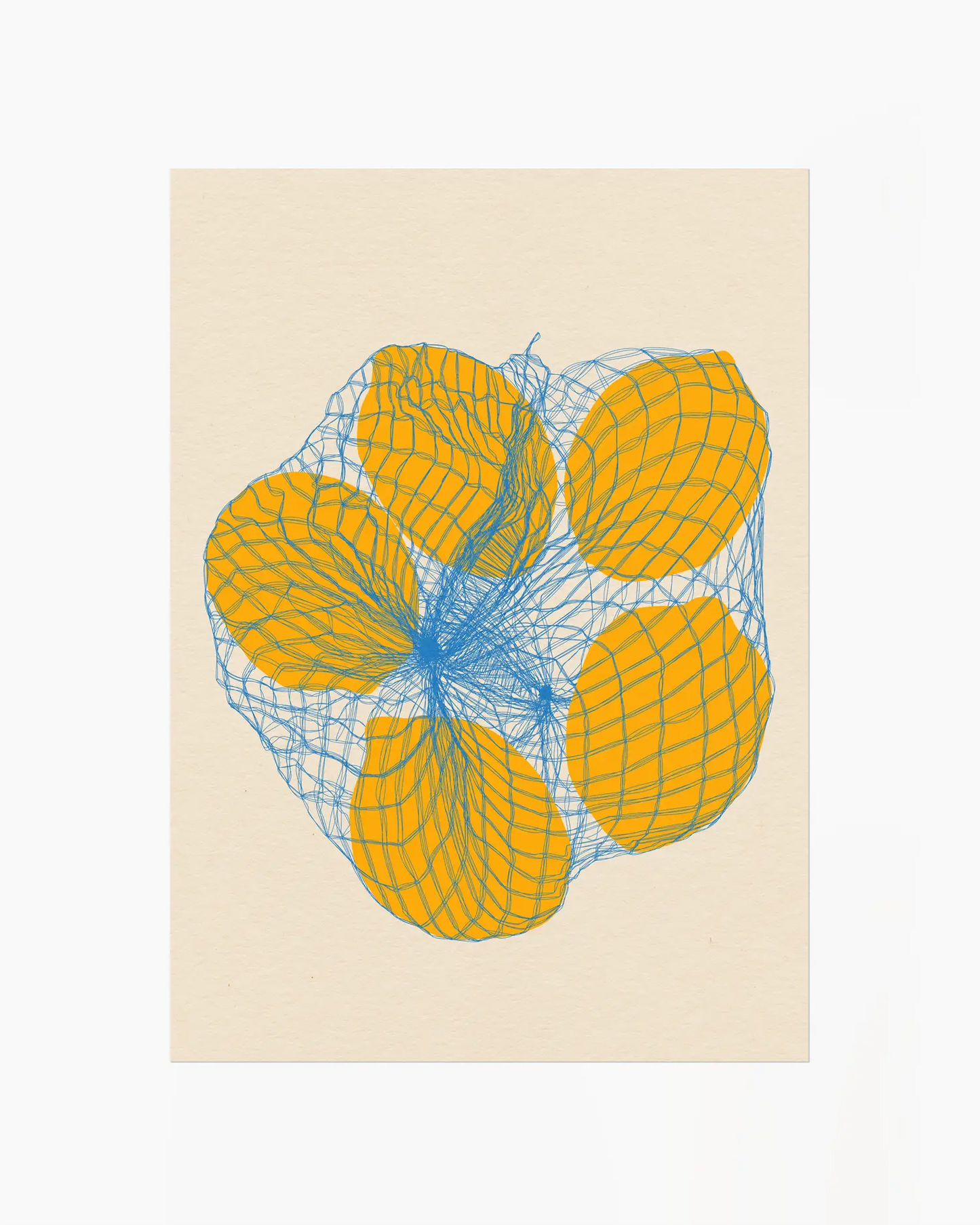 Barntavla med illustrerade citroner i blå nätpåse mot ljus bakgrund, ett lekfullt och modernt motiv med tydliga färger.