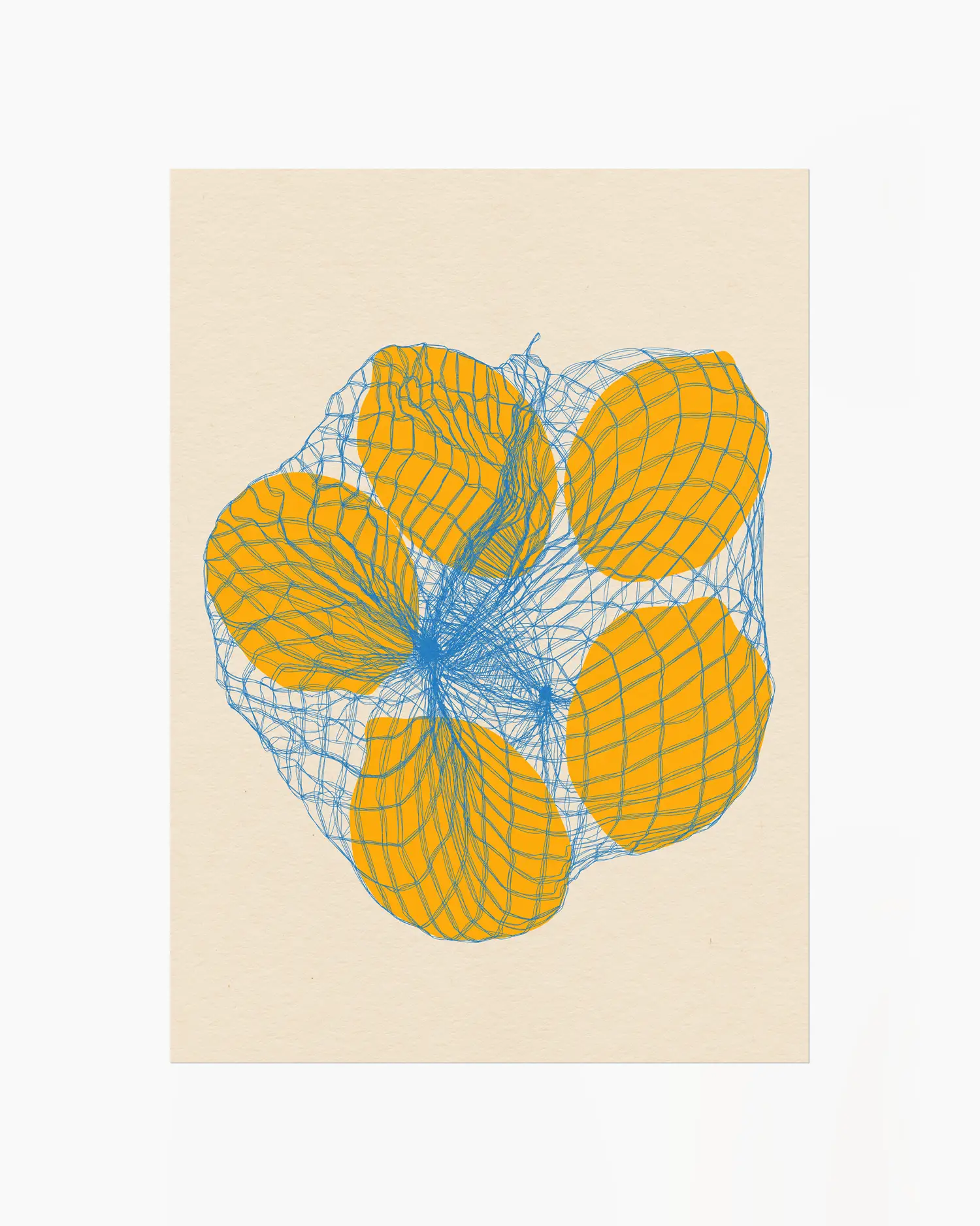 Barntavla med illustrerade citroner i blå nätpåse mot ljus bakgrund, ett lekfullt och modernt motiv med tydliga färger.