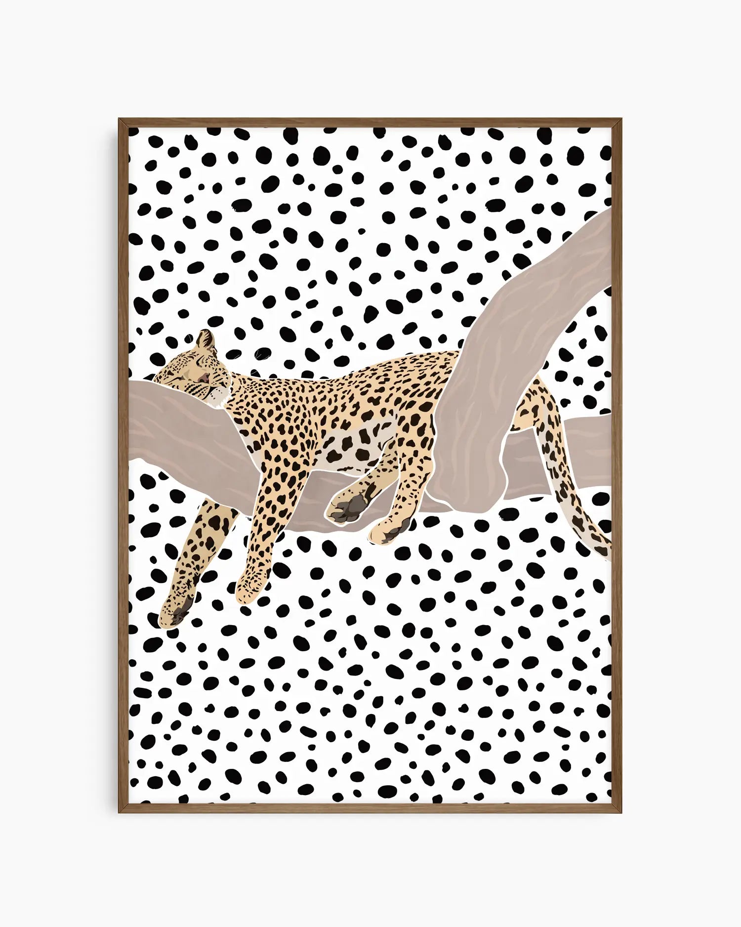 Barntavla med leopard som vilar på en gren framför ett svartvitt prickmönster, inramad i mörk ekram för en varm och naturnära känsla.