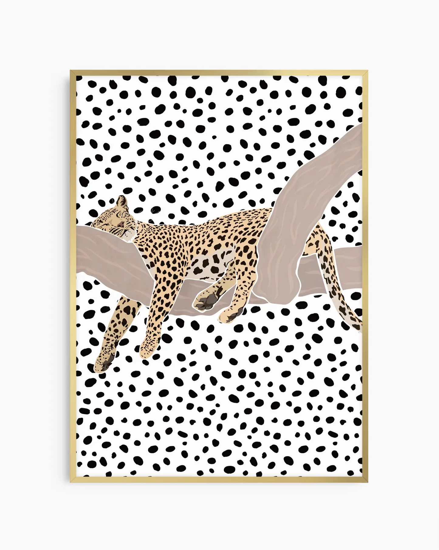 Barntavla med leopardmotiv mot prickigt mönster, inramad i guld aluminiumram som tillför en elegant och lekfull touch.