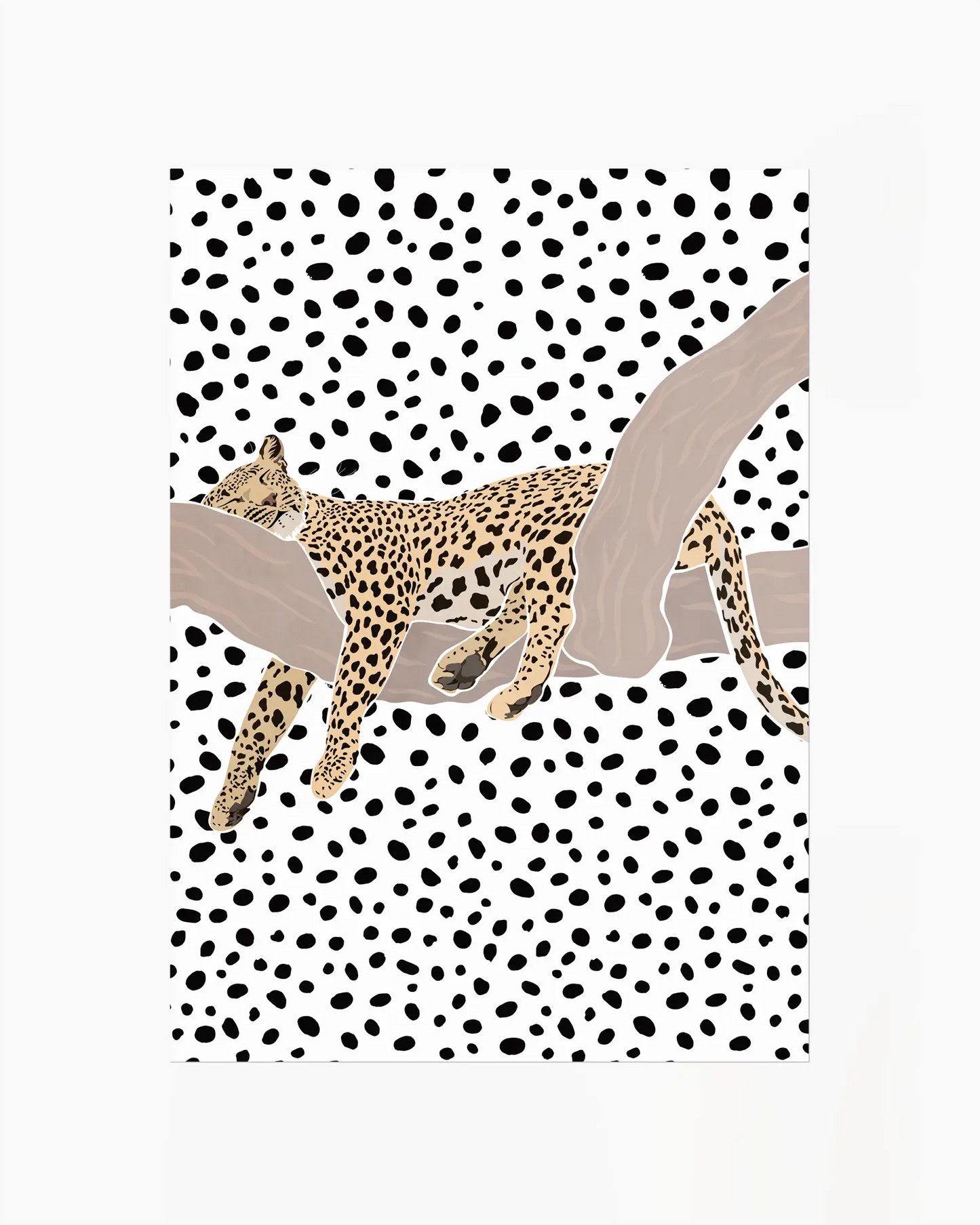 Barntavla med illustrerad leopard som vilar på en gren framför ett prickigt svartvitt mönster, ett fantasifullt och modernt djurmotiv.